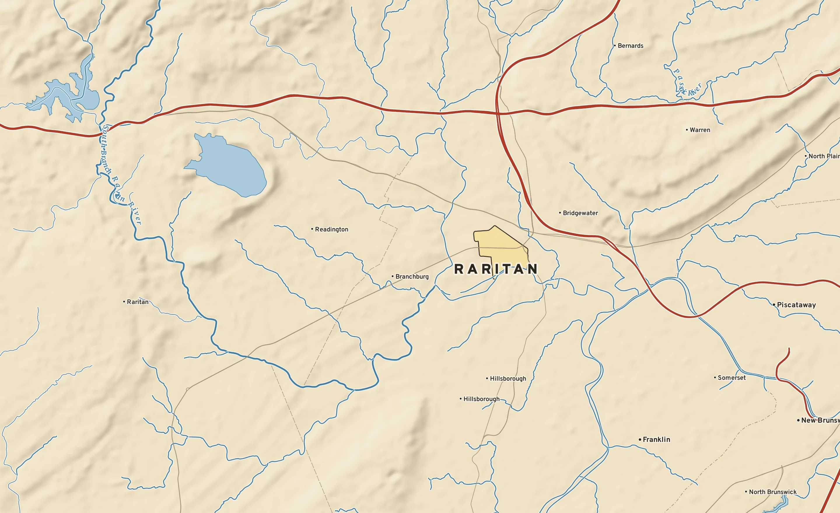 Shaded-relief atlas plate of Raritan, New Jersey: rivers, roads, the city limits and where the water drains.
