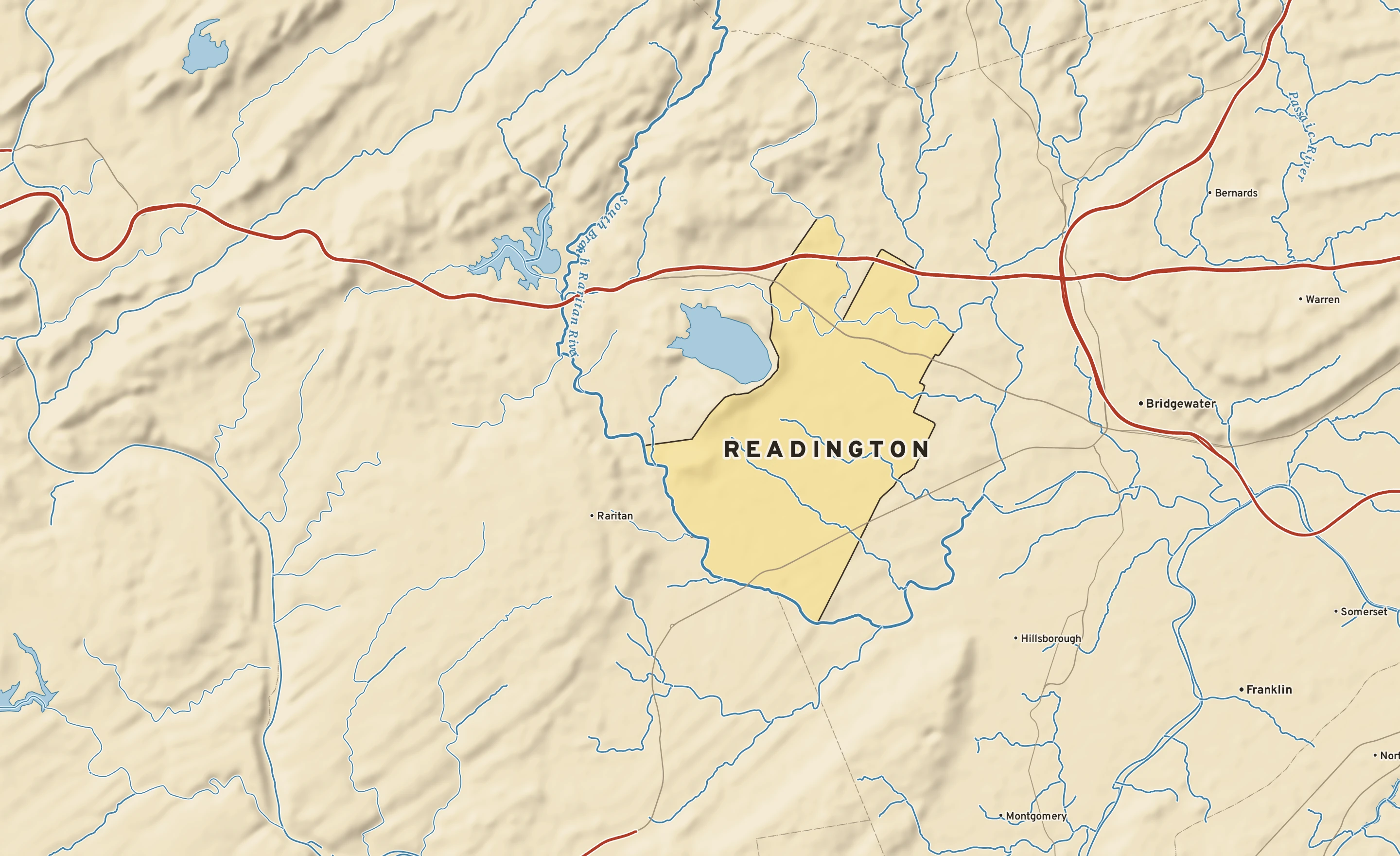 Shaded-relief atlas plate of Readington, New Jersey: rivers, roads, the city limits and where the water drains.