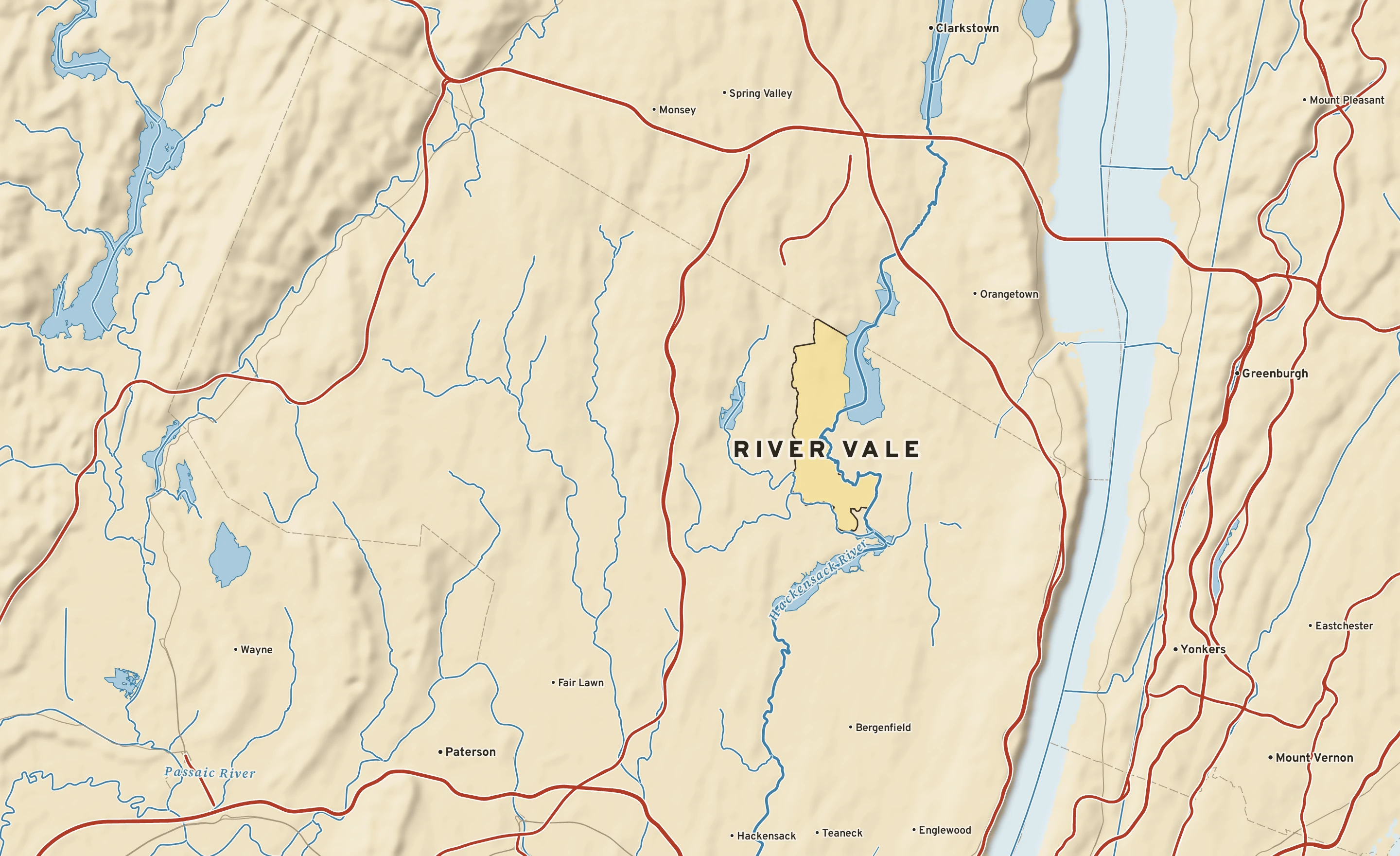 Shaded-relief atlas plate of River Vale, New Jersey: rivers, roads, the city limits and where the water drains.