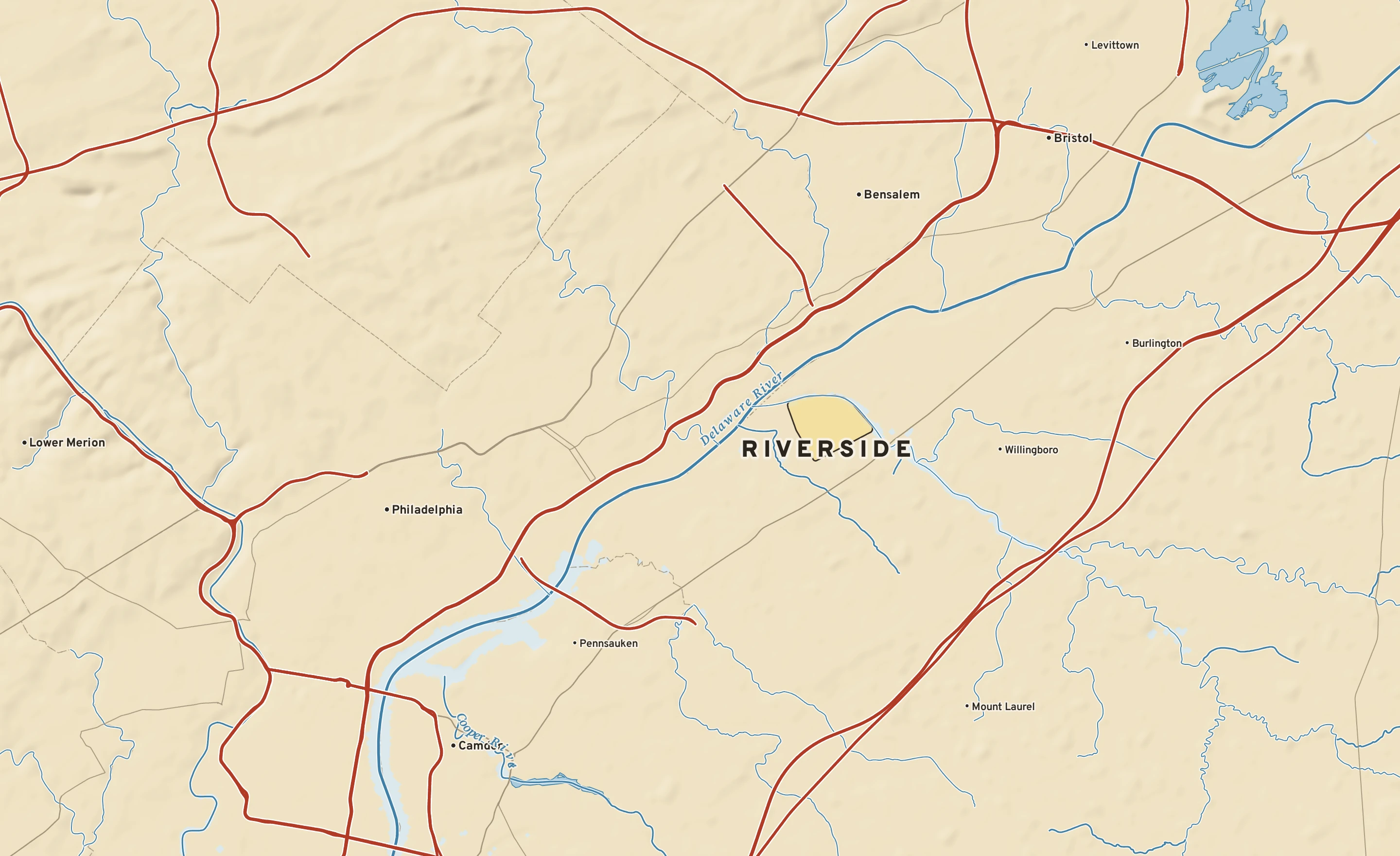 Shaded-relief atlas plate of Riverside, New Jersey: rivers, roads, the city limits and where the water drains.