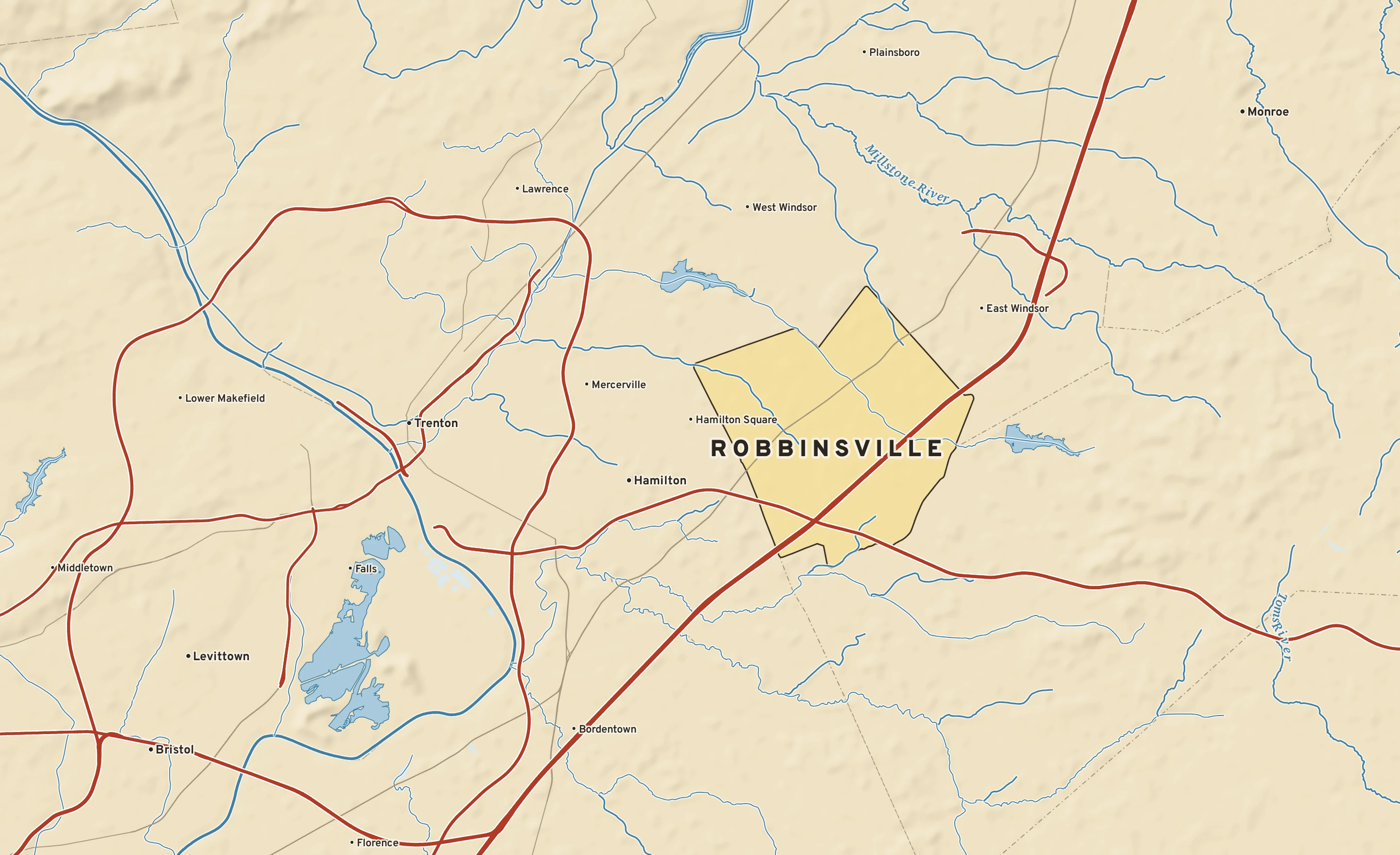 Shaded-relief atlas plate of Robbinsville, New Jersey: rivers, roads, the city limits and where the water drains.