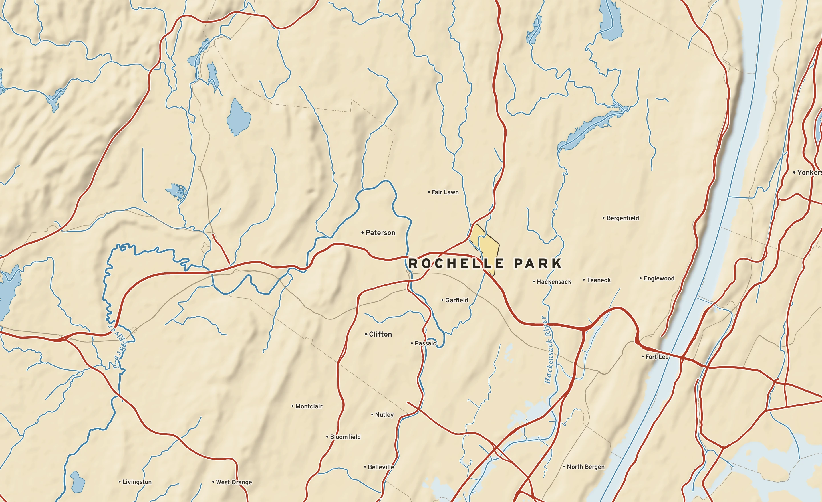 Shaded-relief atlas plate of Rochelle Park, New Jersey: rivers, roads, the city limits and where the water drains.