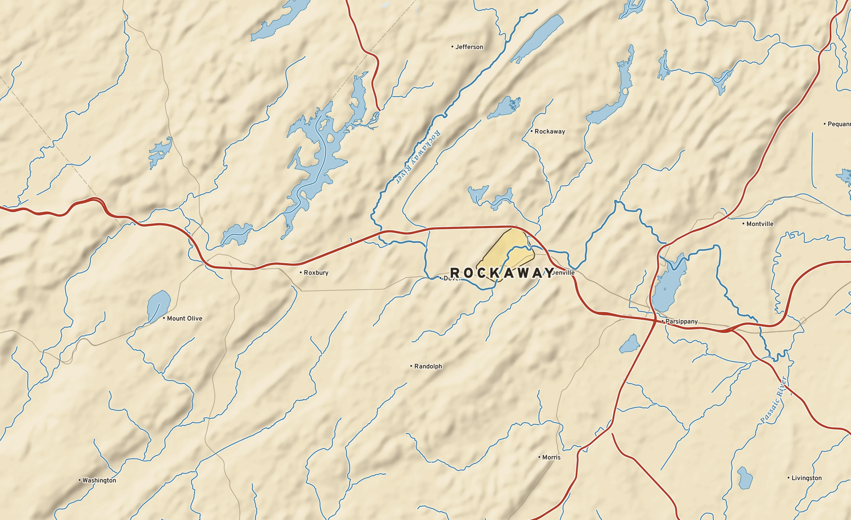 Shaded-relief atlas plate of Rockaway, New Jersey: rivers, roads, the city limits and where the water drains.