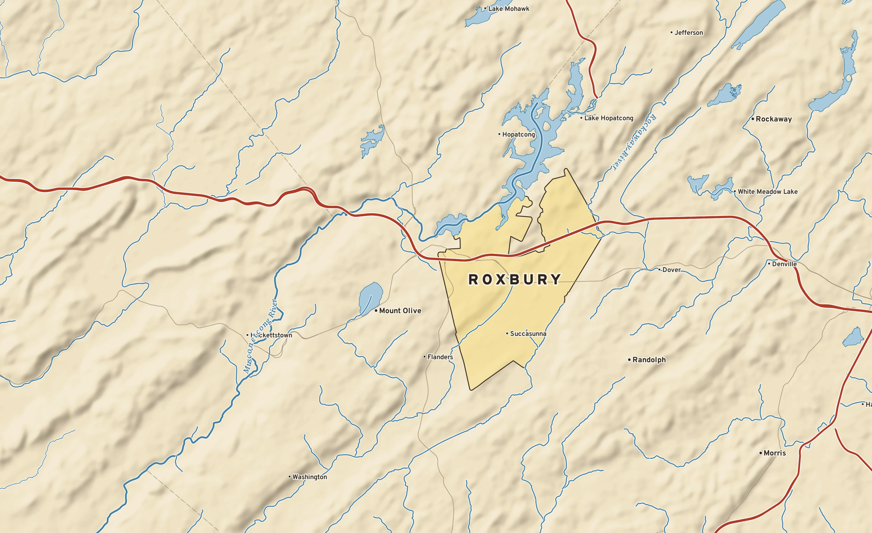 Shaded-relief atlas plate of Roxbury, New Jersey: rivers, roads, the city limits and where the water drains.