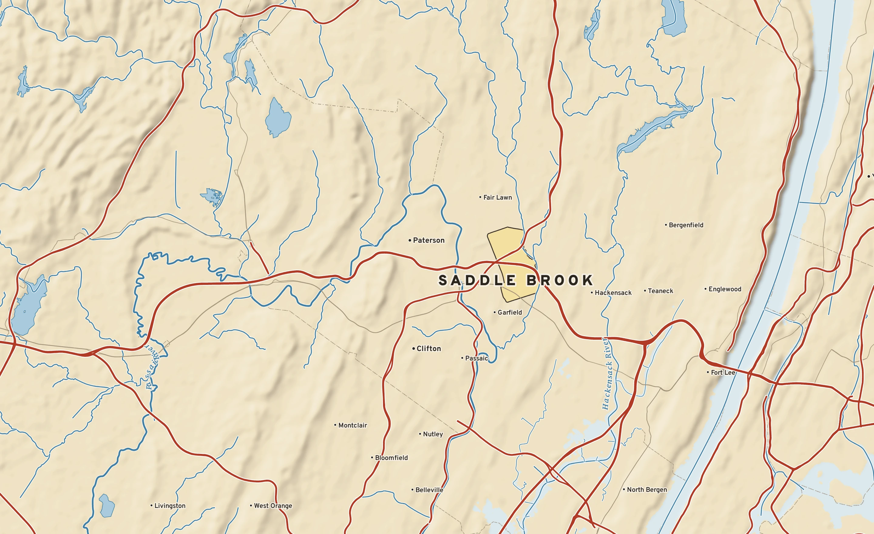 Shaded-relief atlas plate of Saddle Brook, New Jersey: rivers, roads, the city limits and where the water drains.