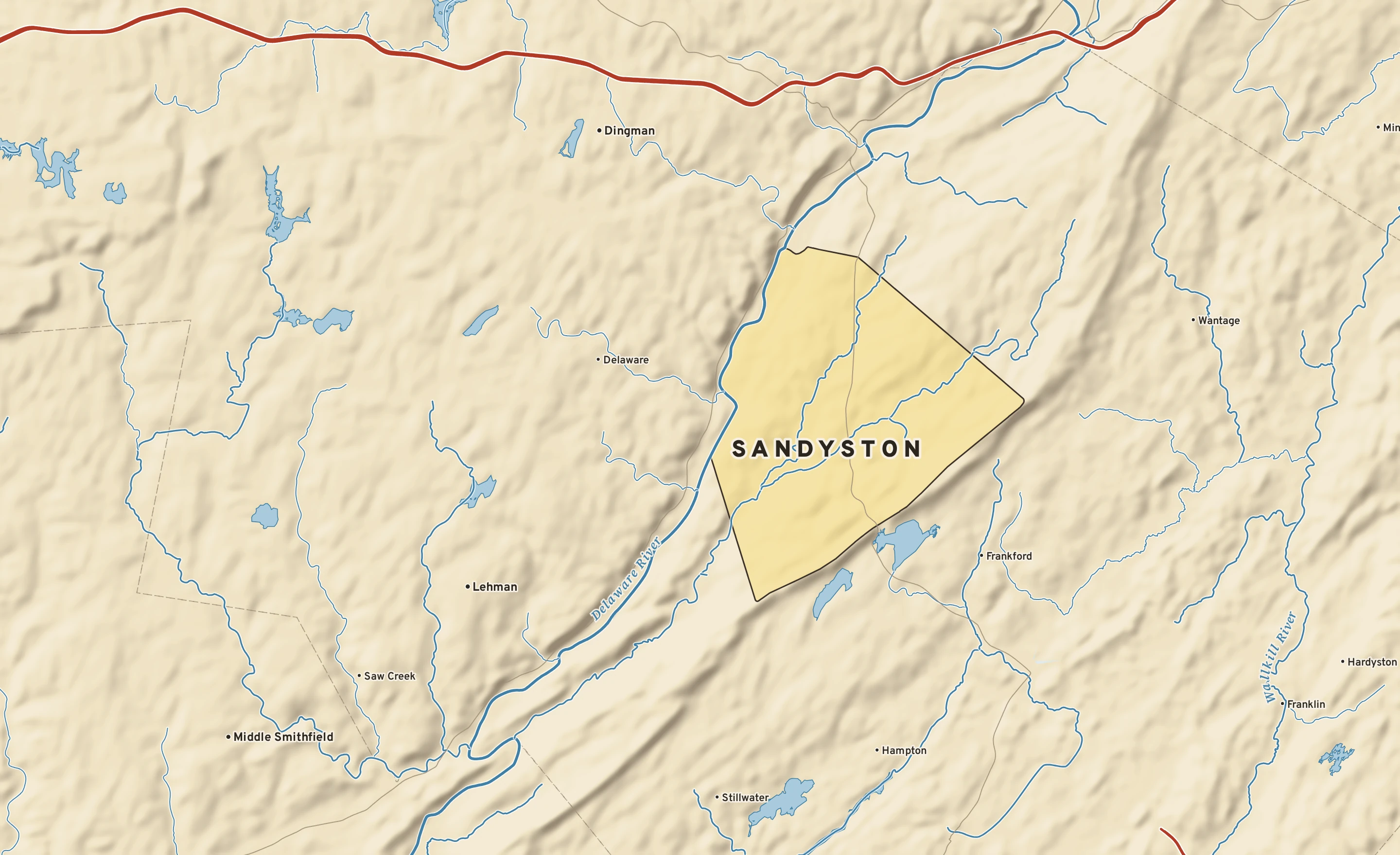 Shaded-relief atlas plate of Sandyston, New Jersey: rivers, roads, the city limits and where the water drains.