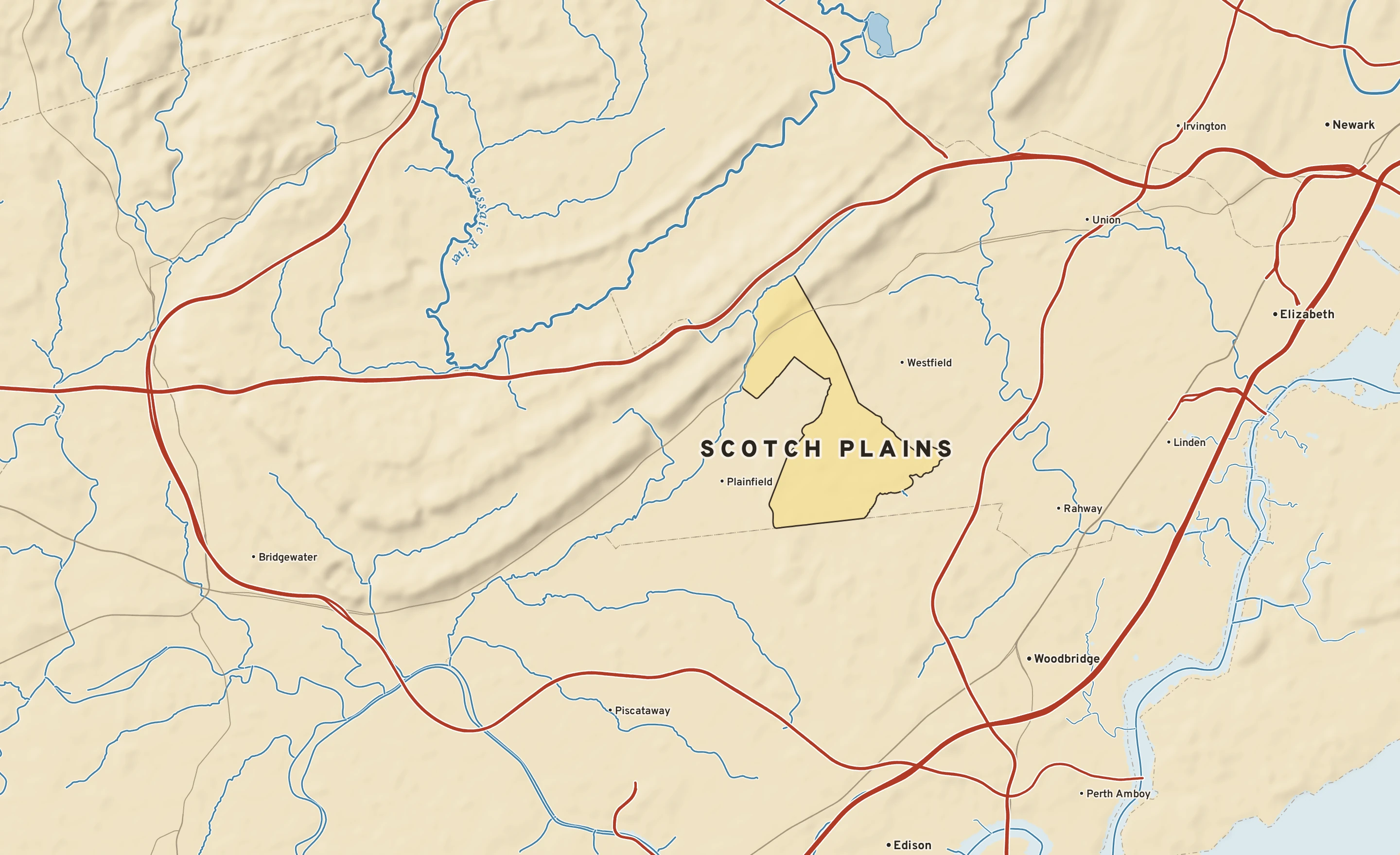 Shaded-relief atlas plate of Scotch Plains, New Jersey: rivers, roads, the city limits and where the water drains.