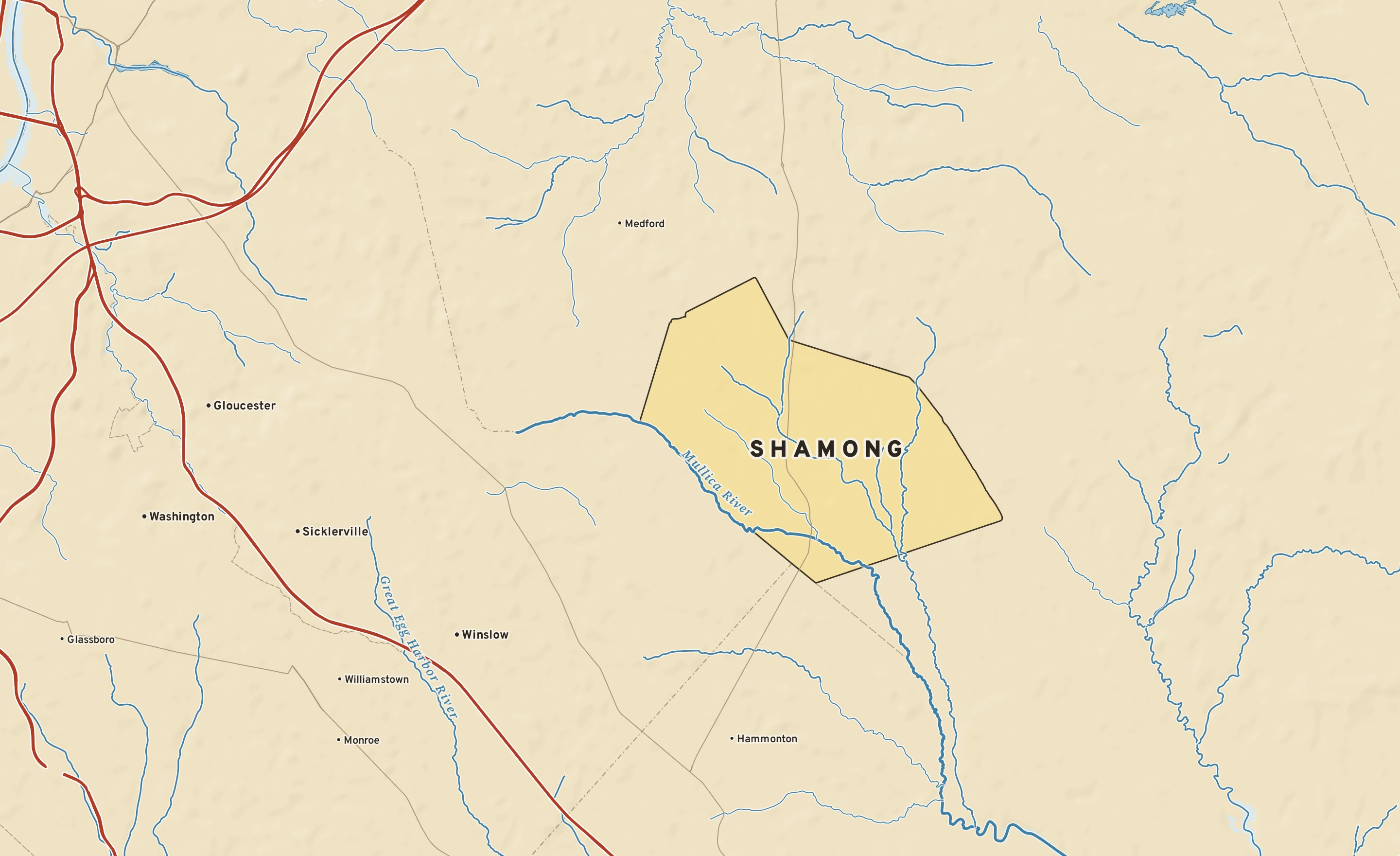 Shaded-relief atlas plate of Shamong, New Jersey: rivers, roads, the city limits and where the water drains.