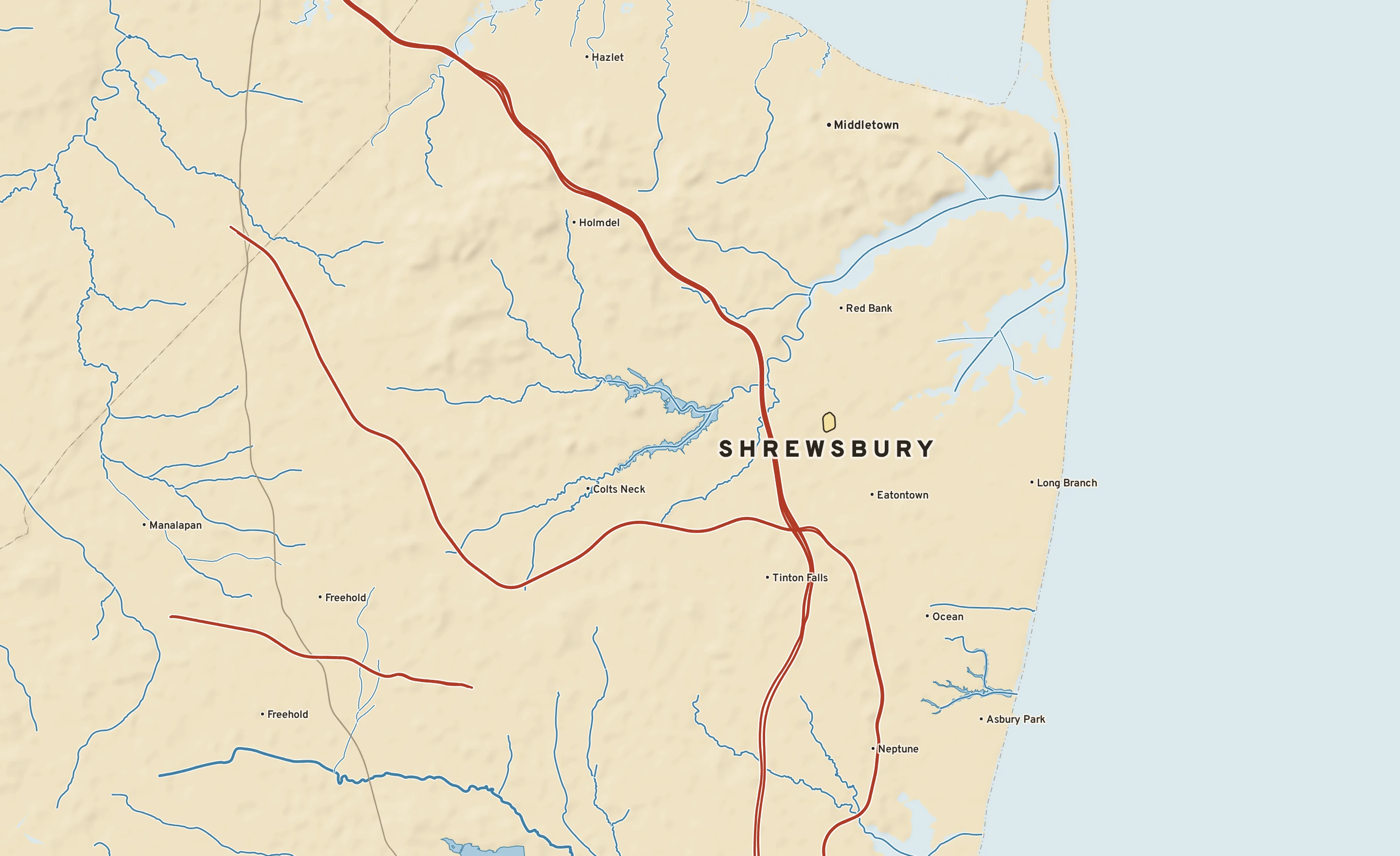 Shaded-relief atlas plate of Shrewsbury, New Jersey: rivers, roads, the city limits and where the water drains.