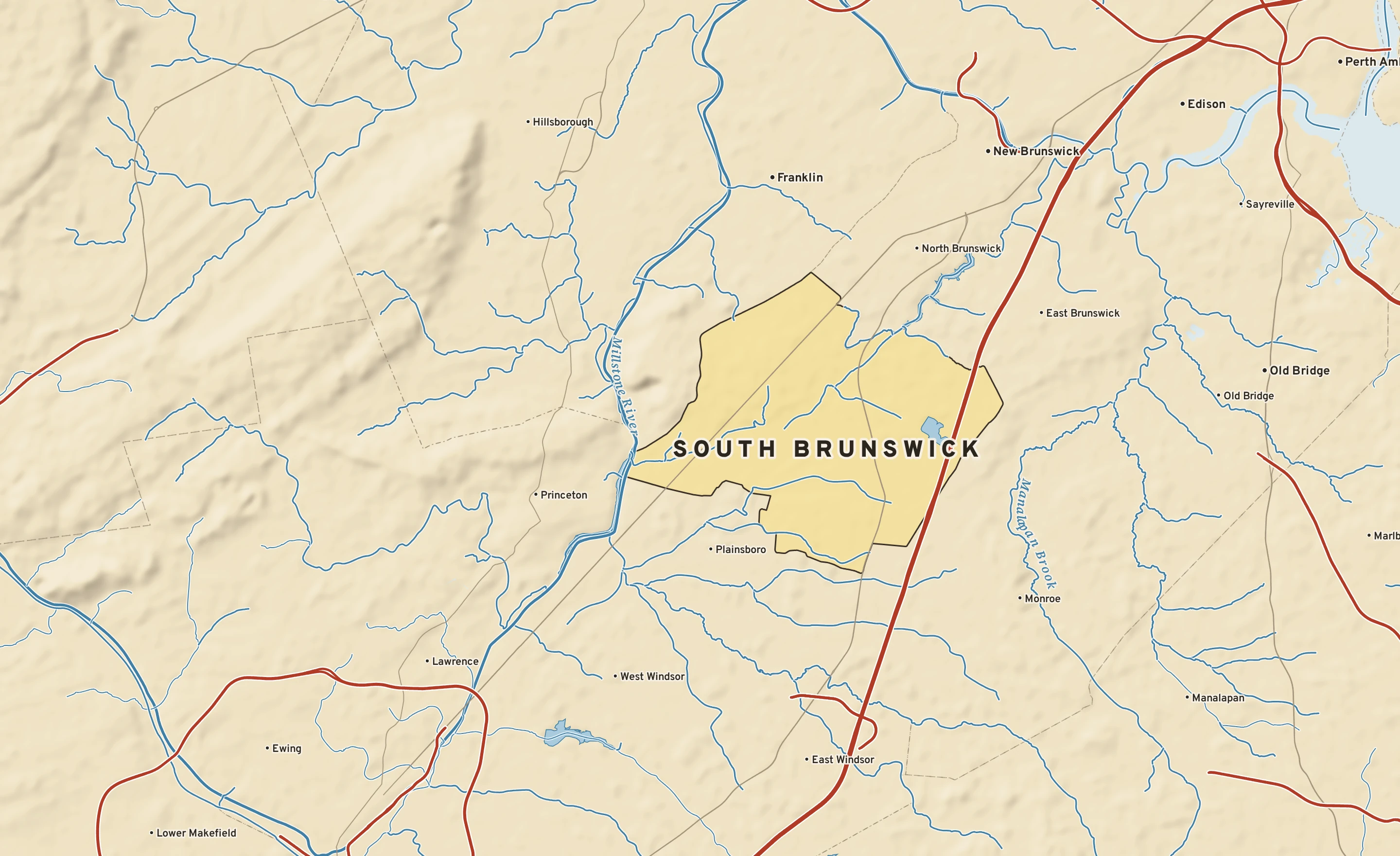 Shaded-relief atlas plate of South Brunswick, New Jersey: rivers, roads, the city limits and where the water drains.