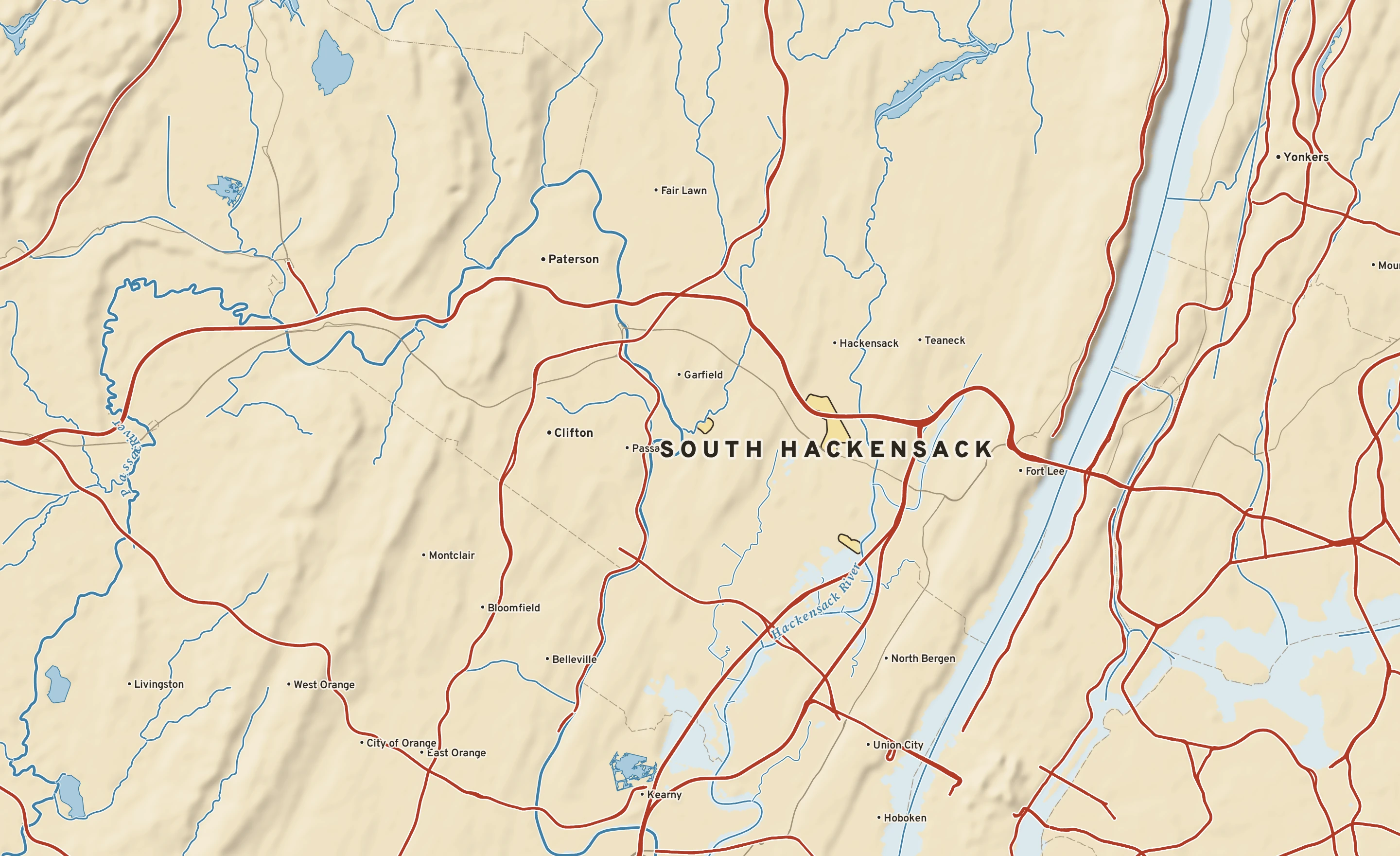 Shaded-relief atlas plate of South Hackensack, New Jersey: rivers, roads, the city limits and where the water drains.