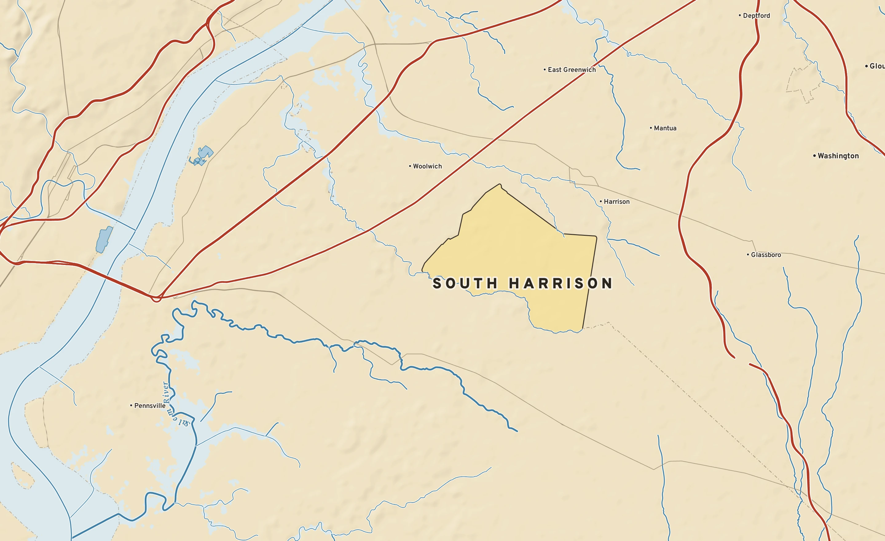 Shaded-relief atlas plate of South Harrison, New Jersey: rivers, roads, the city limits and where the water drains.