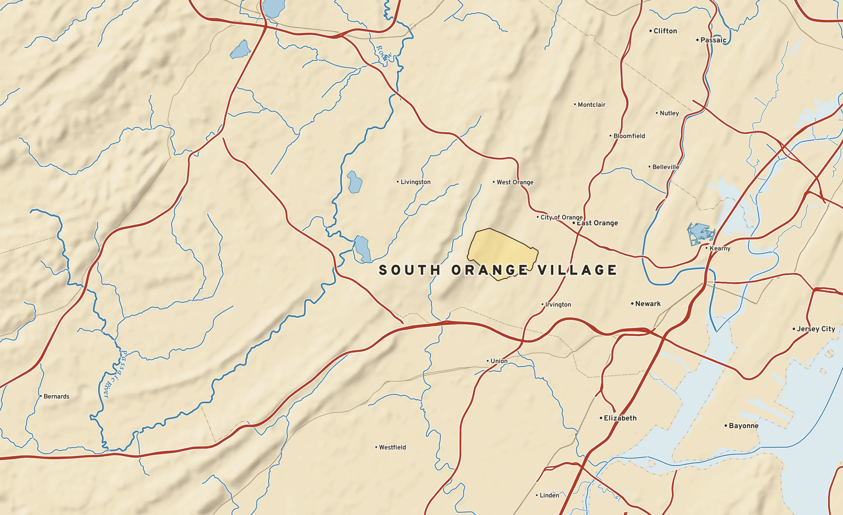 Shaded-relief atlas plate of South Orange Village, New Jersey: rivers, roads, the city limits and where the water drains.