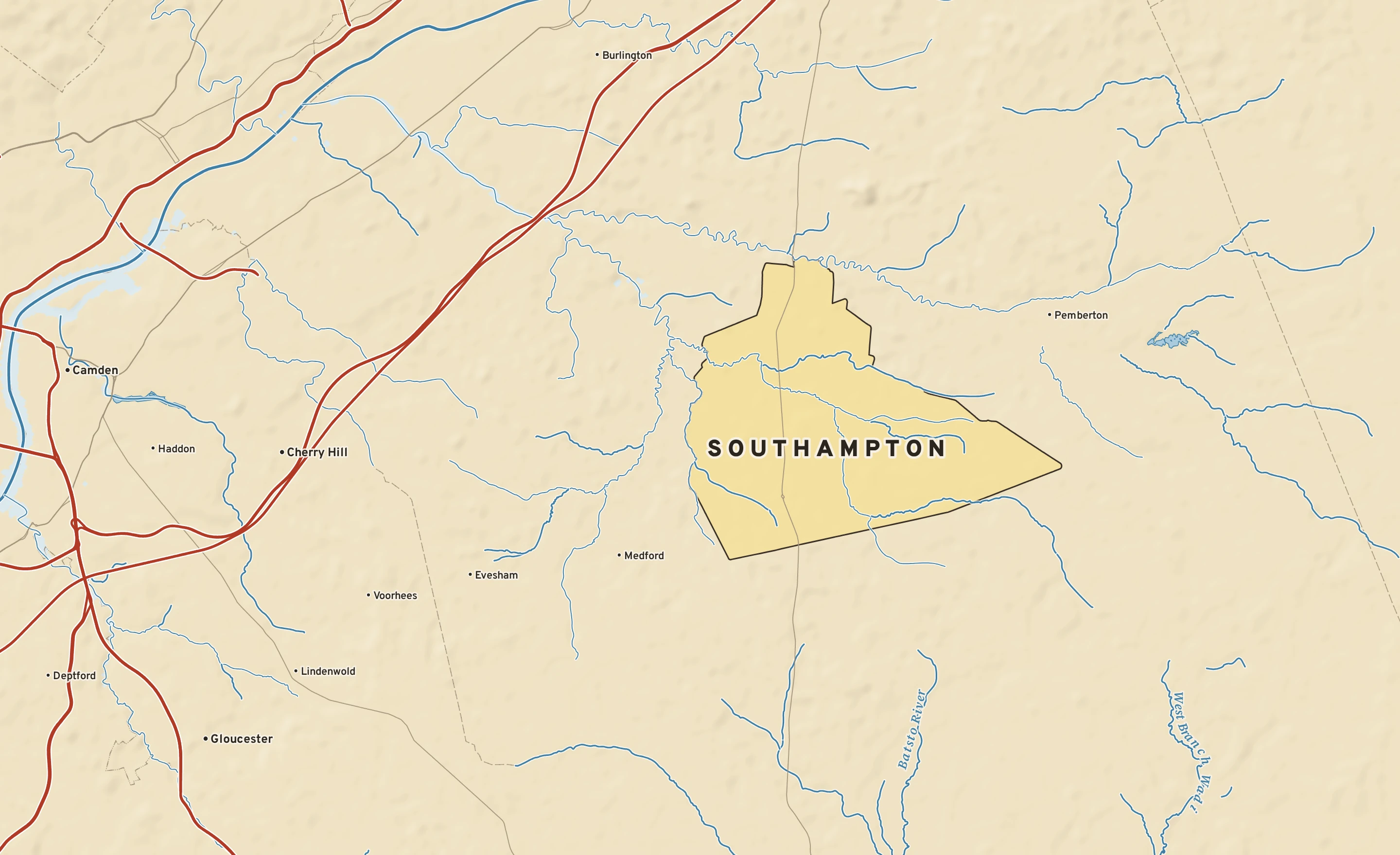 Shaded-relief atlas plate of Southampton, New Jersey: rivers, roads, the city limits and where the water drains.