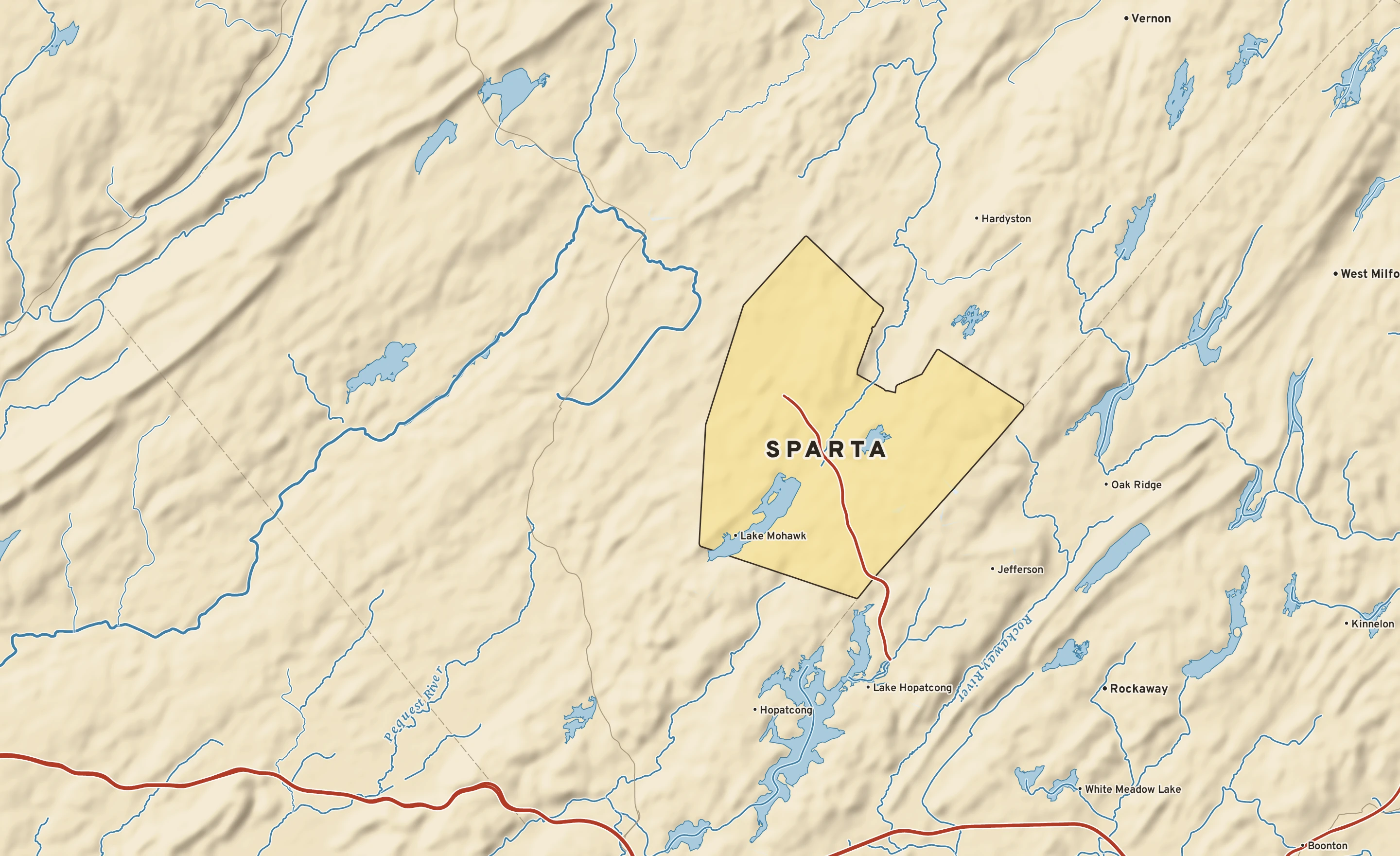 Shaded-relief atlas plate of Sparta, New Jersey: rivers, roads, the city limits and where the water drains.