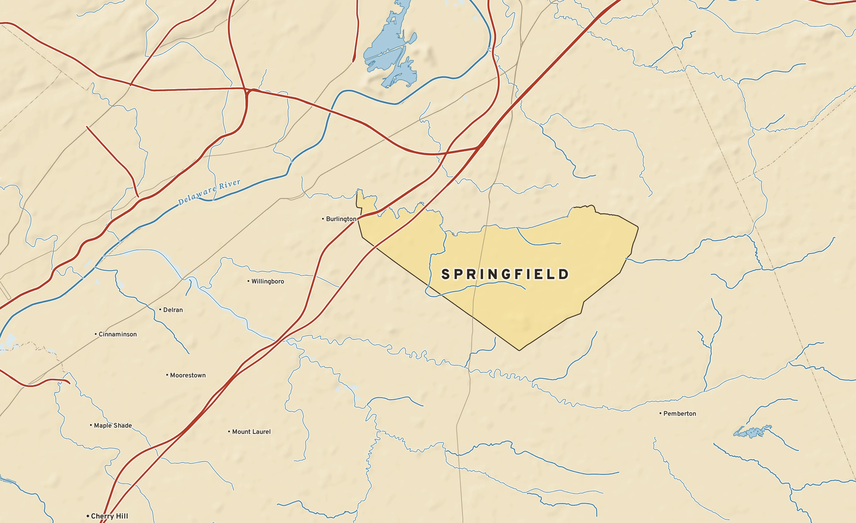 Shaded-relief atlas plate of Springfield, New Jersey: rivers, roads, the city limits and where the water drains.