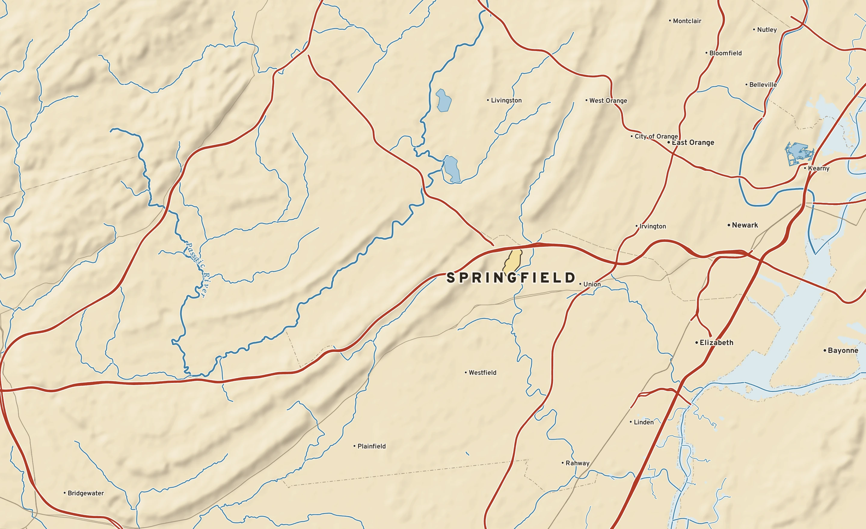 Shaded-relief atlas plate of Springfield, New Jersey: rivers, roads, the city limits and where the water drains.