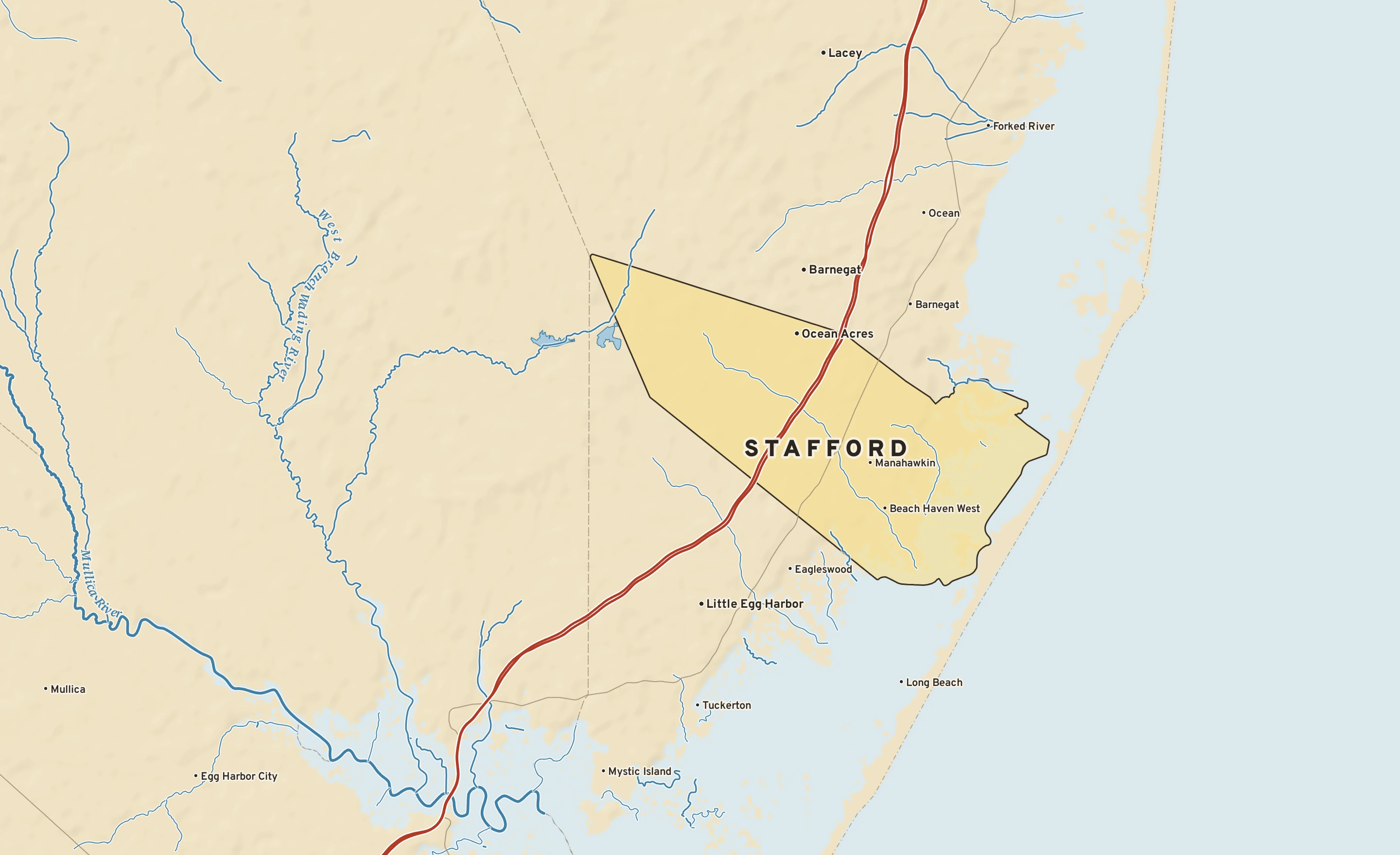 Shaded-relief atlas plate of Stafford, New Jersey: rivers, roads, the city limits and where the water drains.