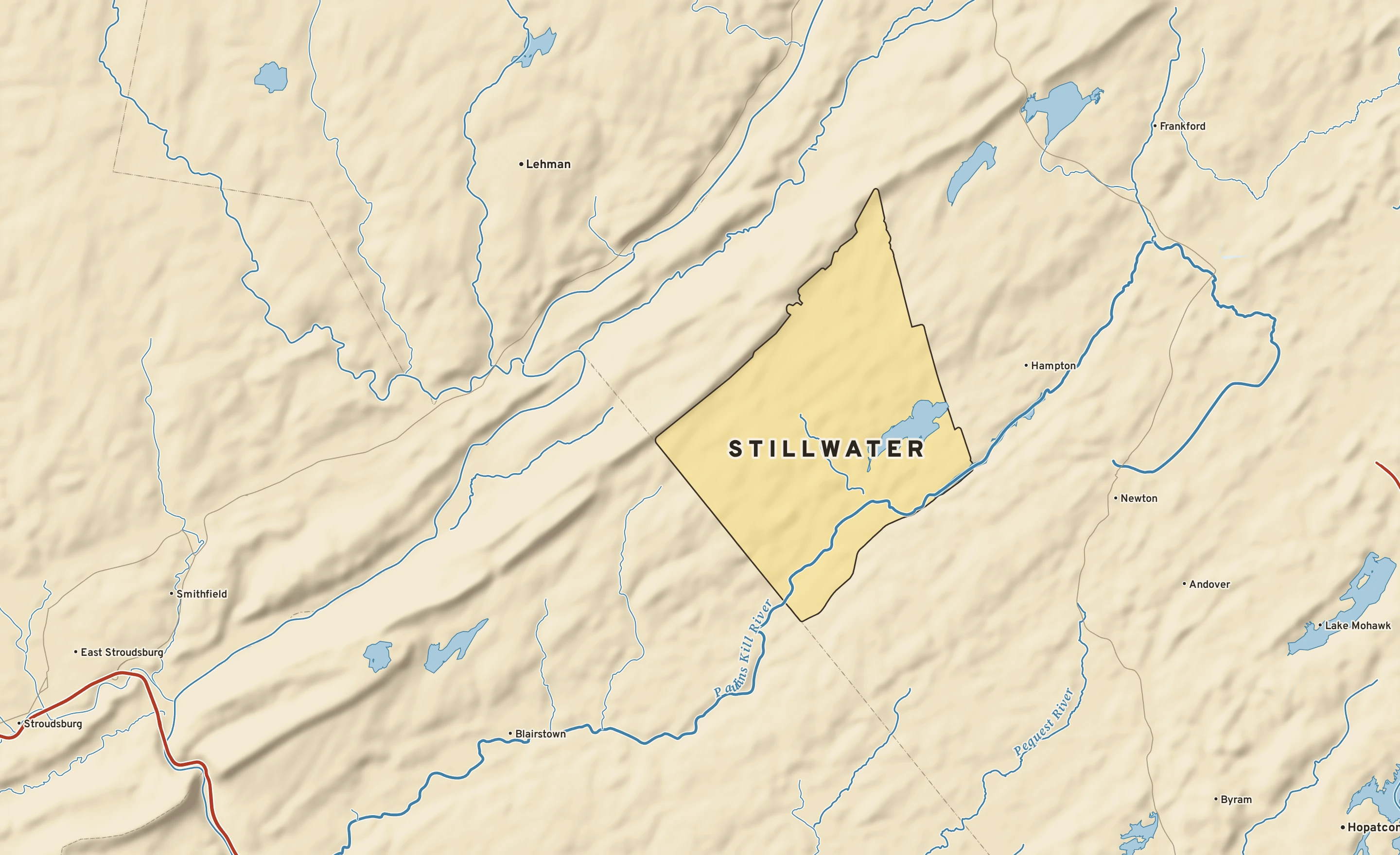 Shaded-relief atlas plate of Stillwater, New Jersey: rivers, roads, the city limits and where the water drains.