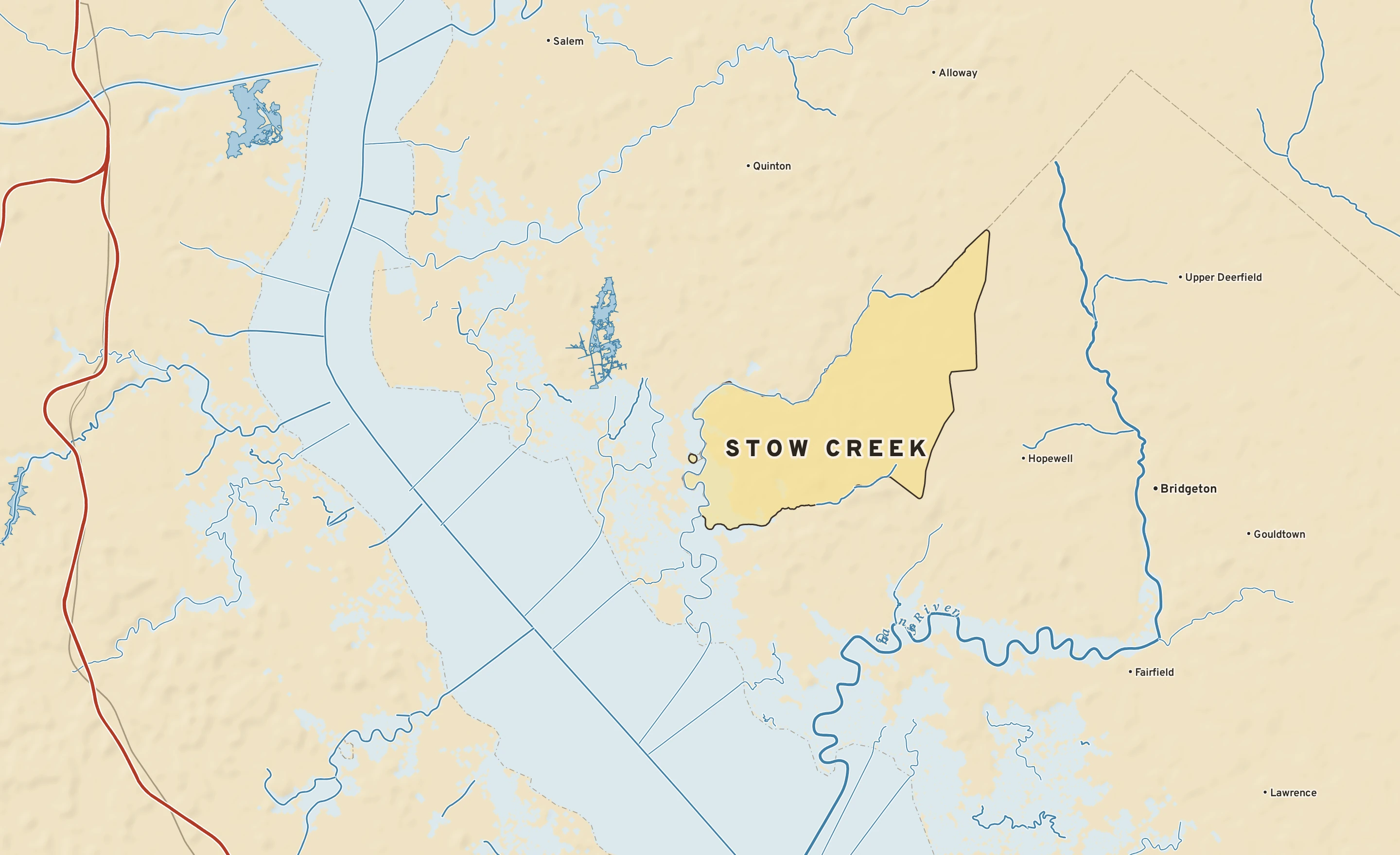 Shaded-relief atlas plate of Stow Creek, New Jersey: rivers, roads, the city limits and where the water drains.