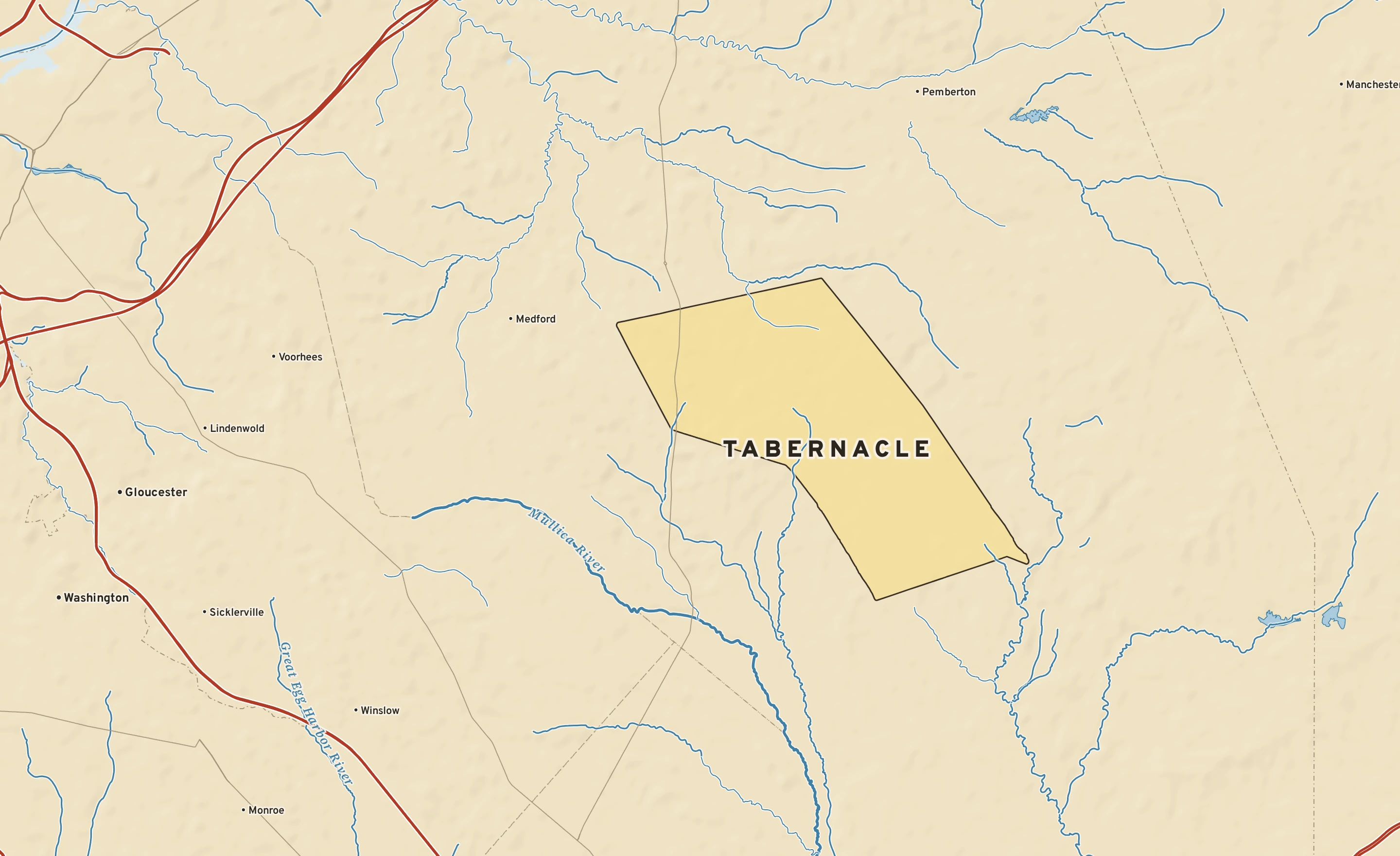 Shaded-relief atlas plate of Tabernacle, New Jersey: rivers, roads, the city limits and where the water drains.