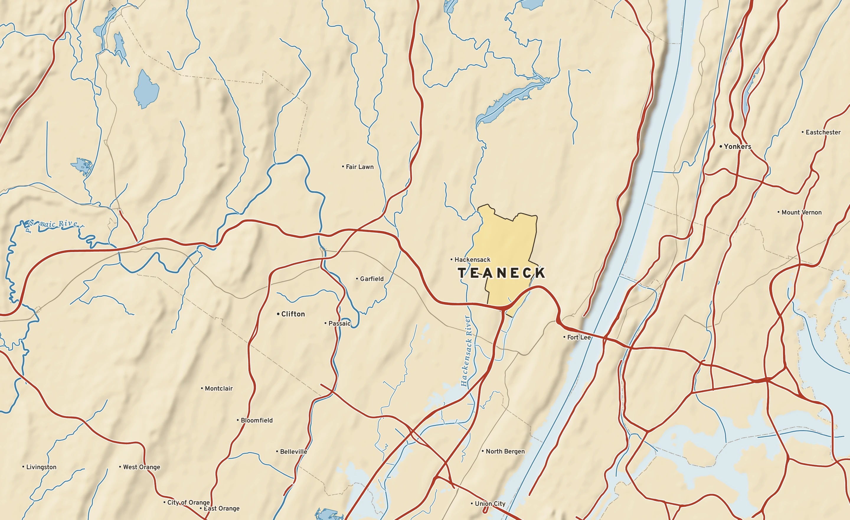 Shaded-relief atlas plate of Teaneck, New Jersey: rivers, roads, the city limits and where the water drains.