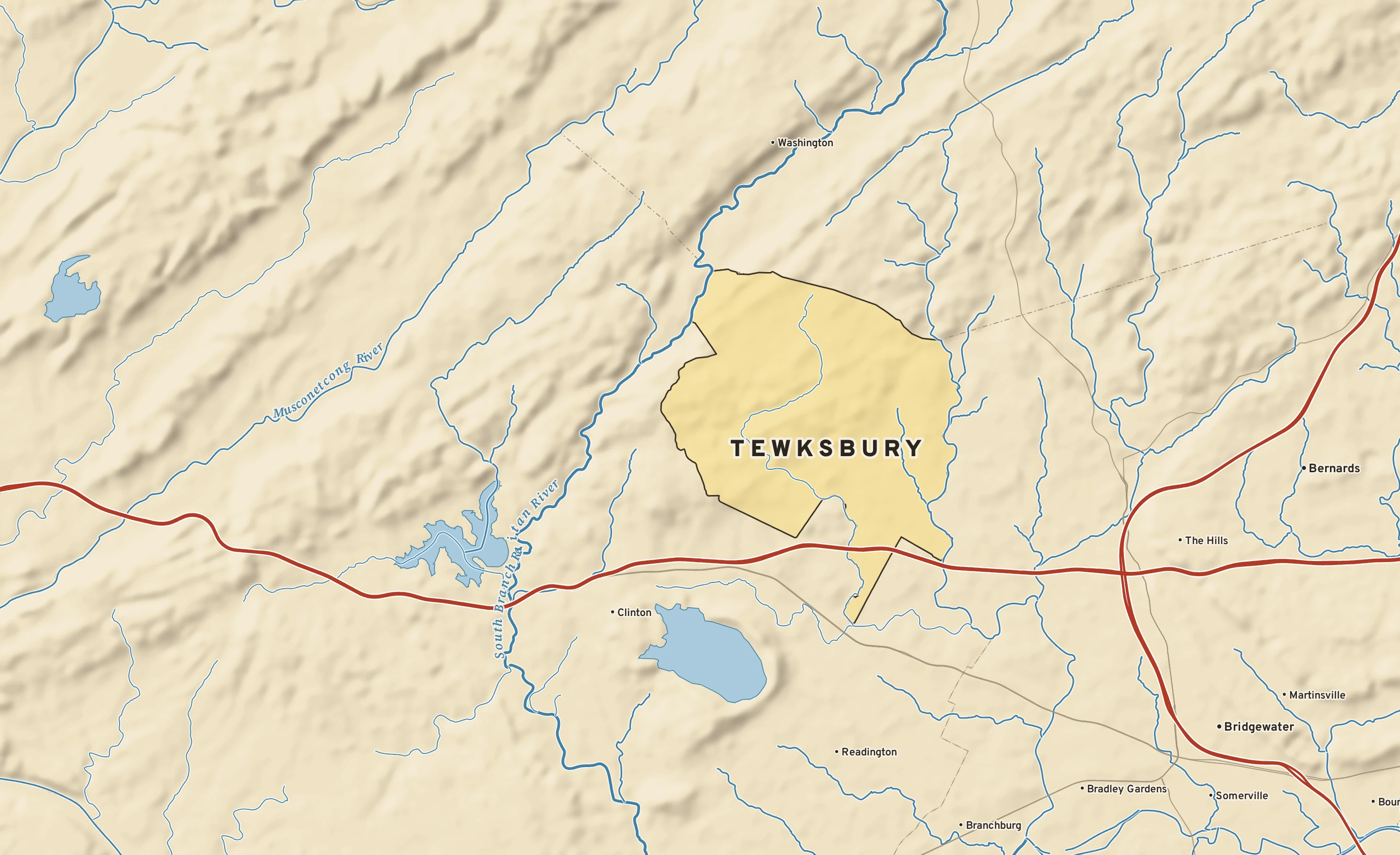 Shaded-relief atlas plate of Tewksbury, New Jersey: rivers, roads, the city limits and where the water drains.