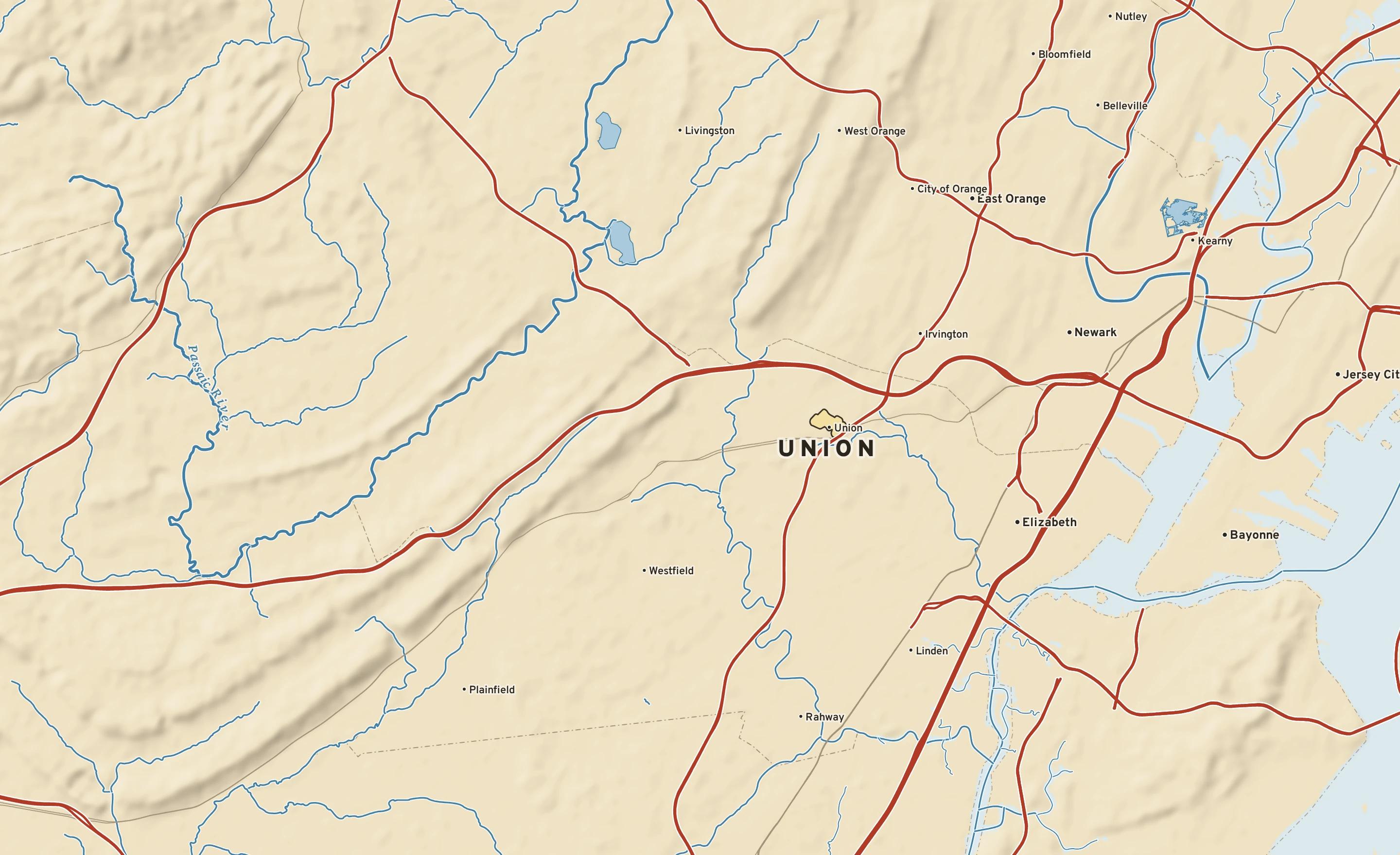 Shaded-relief atlas plate of Union, New Jersey: rivers, roads, the city limits and where the water drains.