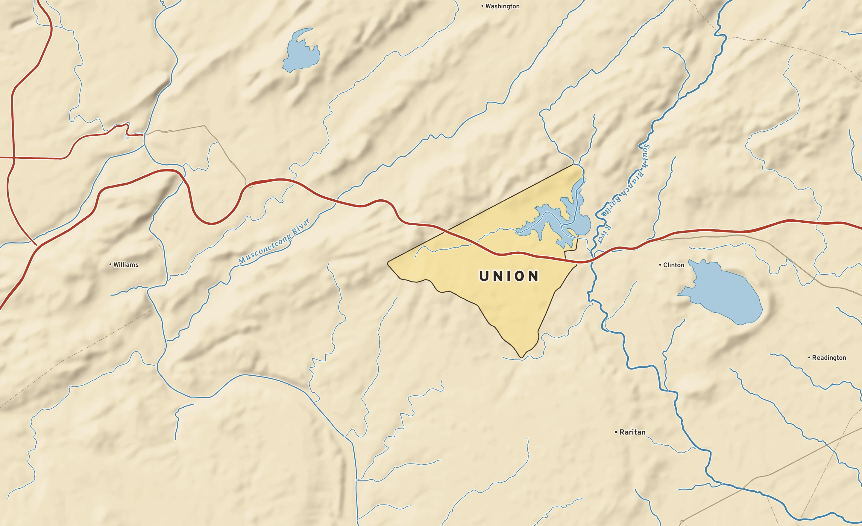 Shaded-relief atlas plate of Union, New Jersey: rivers, roads, the city limits and where the water drains.