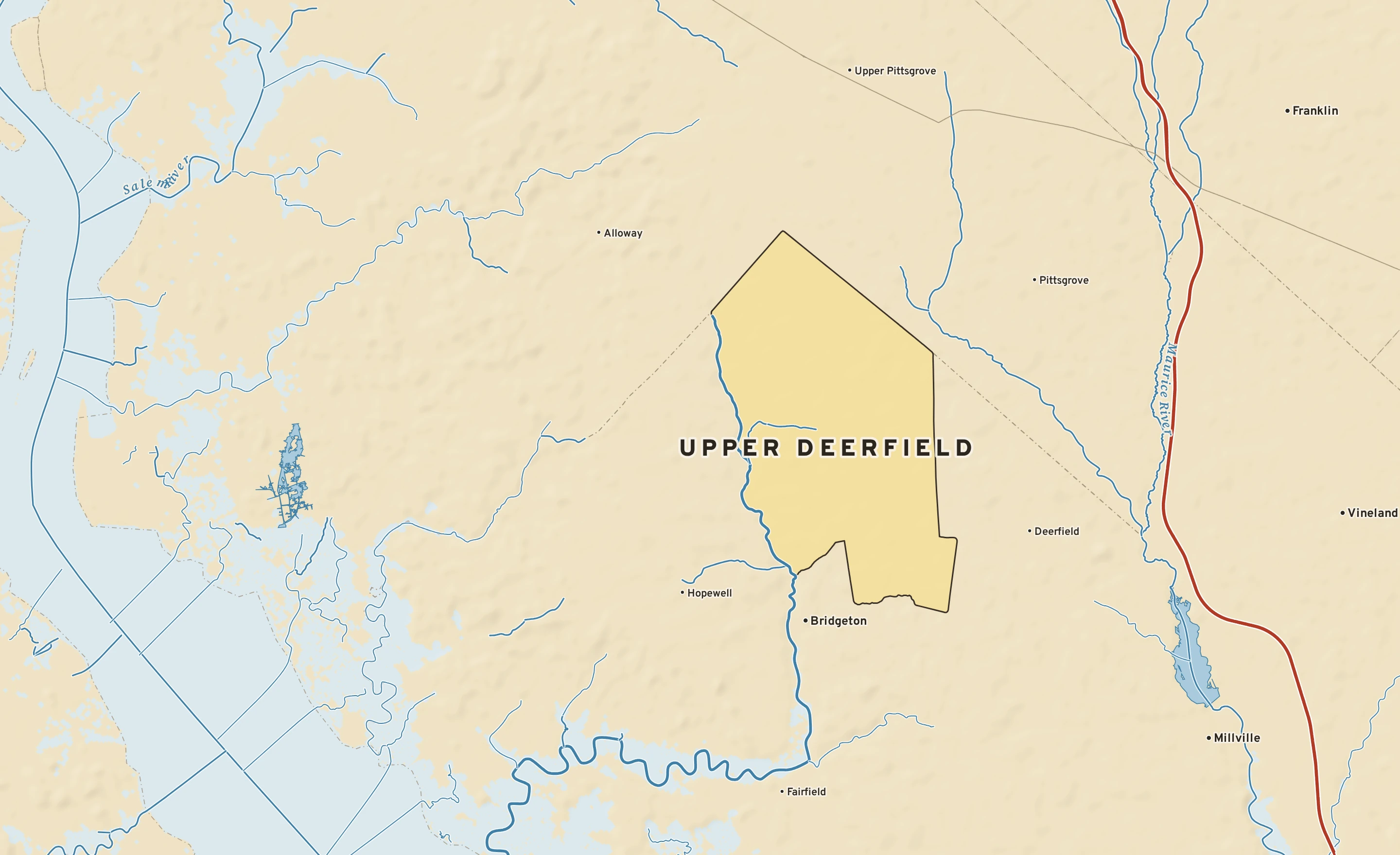 Shaded-relief atlas plate of Upper Deerfield, New Jersey: rivers, roads, the city limits and where the water drains.