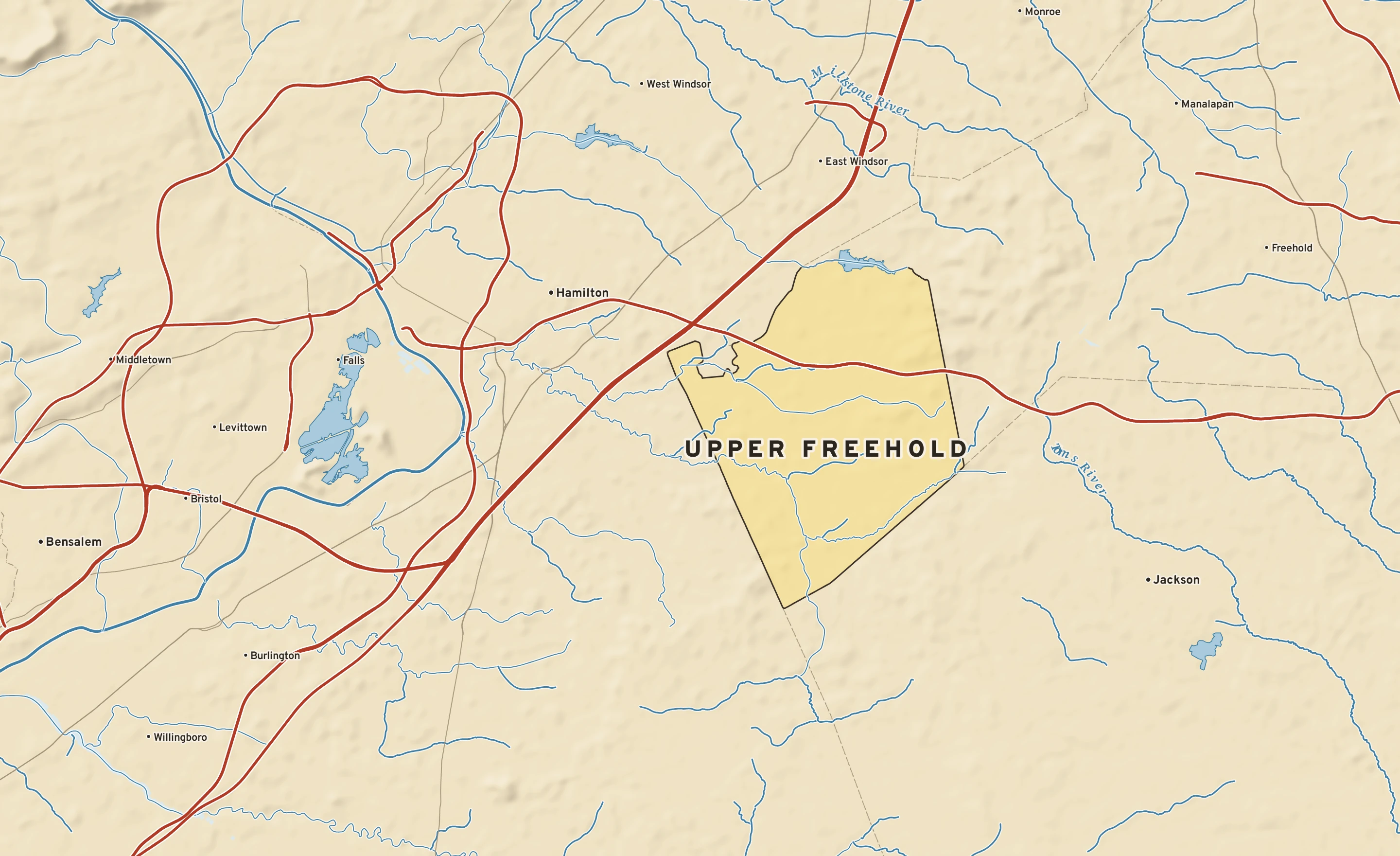 Shaded-relief atlas plate of Upper Freehold, New Jersey: rivers, roads, the city limits and where the water drains.