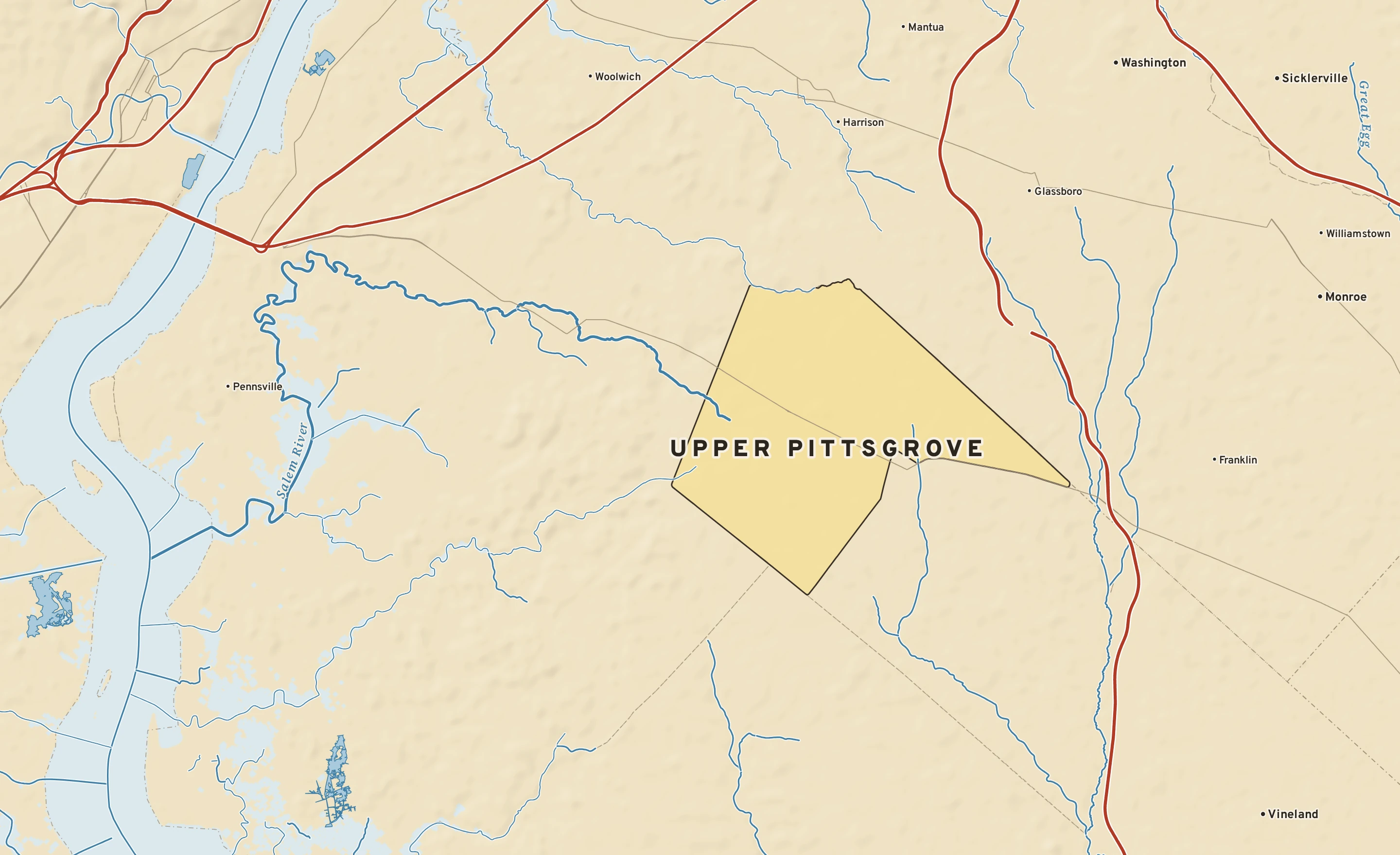 Shaded-relief atlas plate of Upper Pittsgrove, New Jersey: rivers, roads, the city limits and where the water drains.