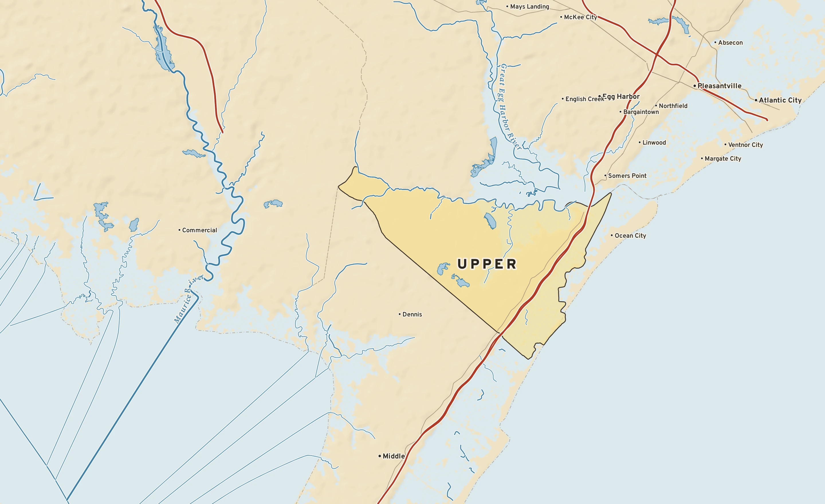 Shaded-relief atlas plate of Upper, New Jersey: rivers, roads, the city limits and where the water drains.