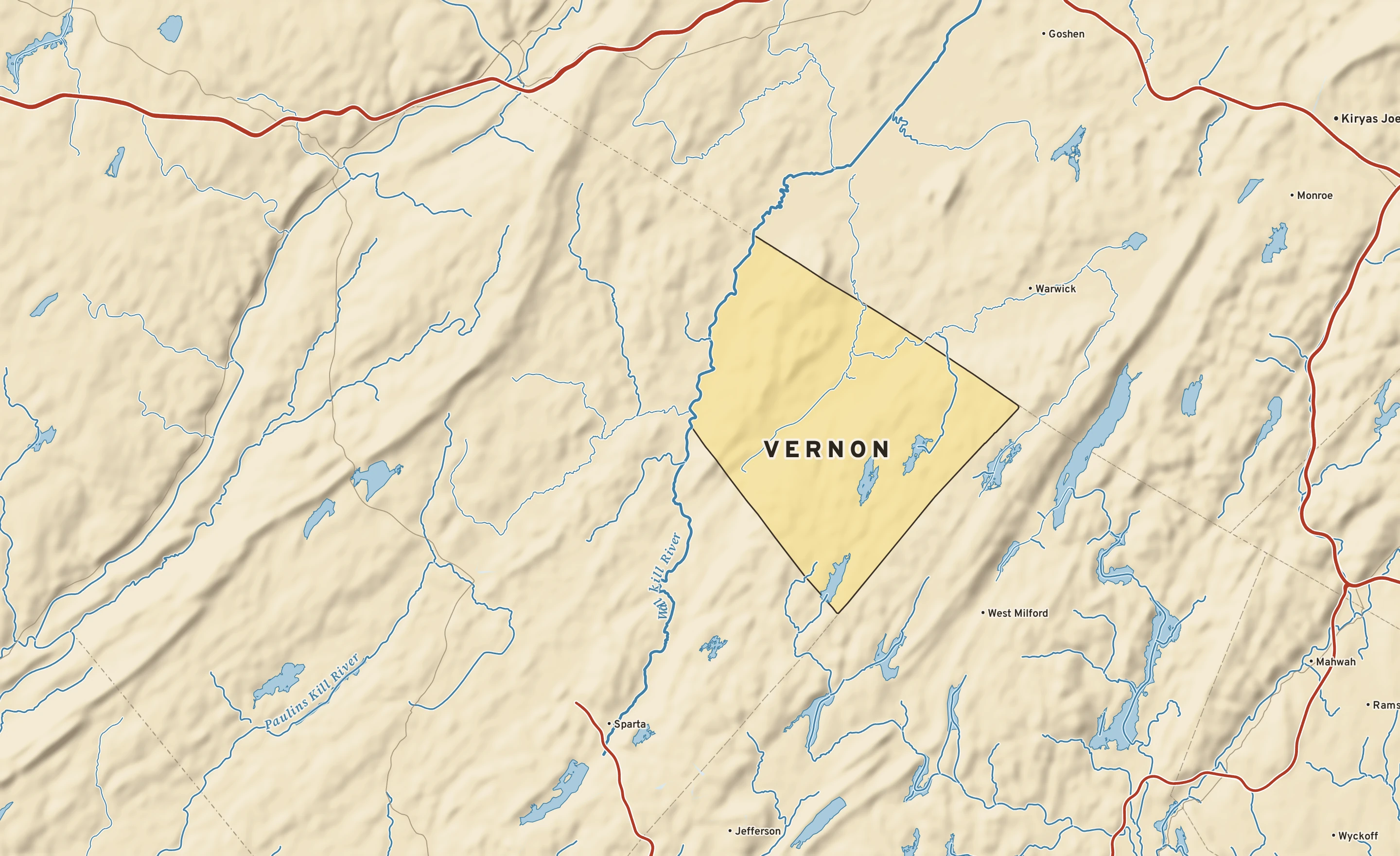 Shaded-relief atlas plate of Vernon, New Jersey: rivers, roads, the city limits and where the water drains.