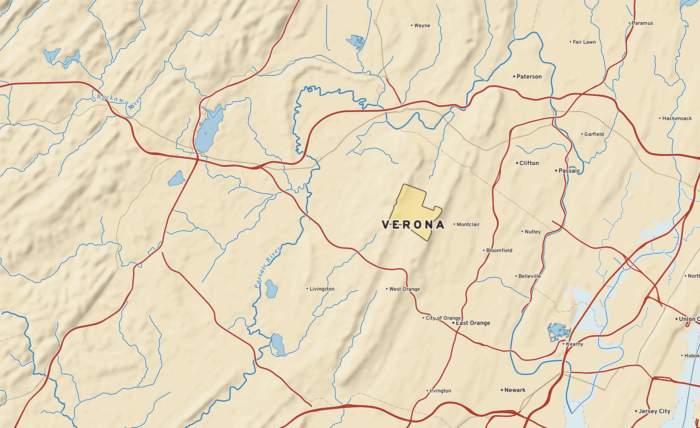 Shaded-relief atlas plate of Verona, New Jersey: rivers, roads, the city limits and where the water drains.