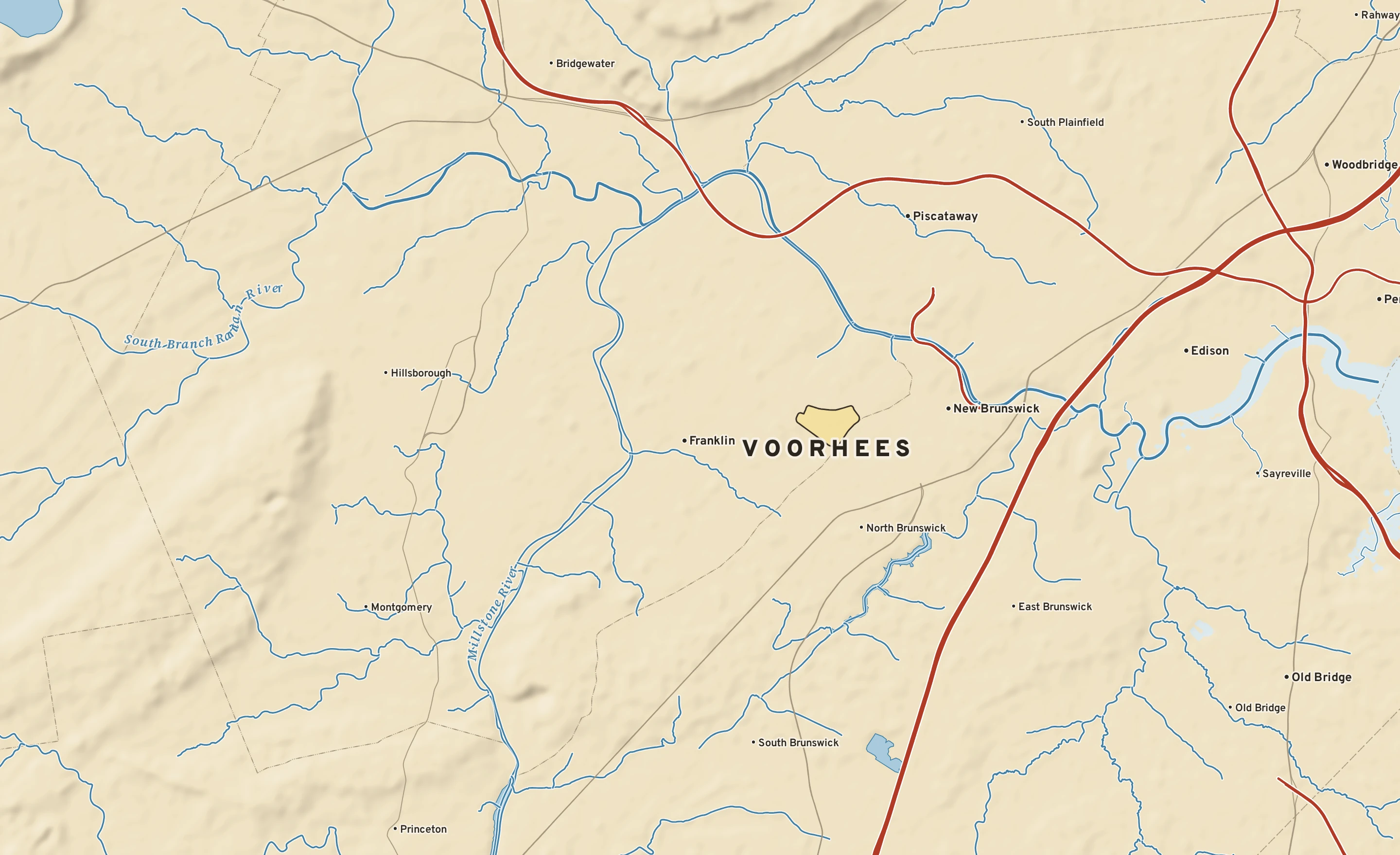 Shaded-relief atlas plate of Voorhees, New Jersey: rivers, roads, the city limits and where the water drains.
