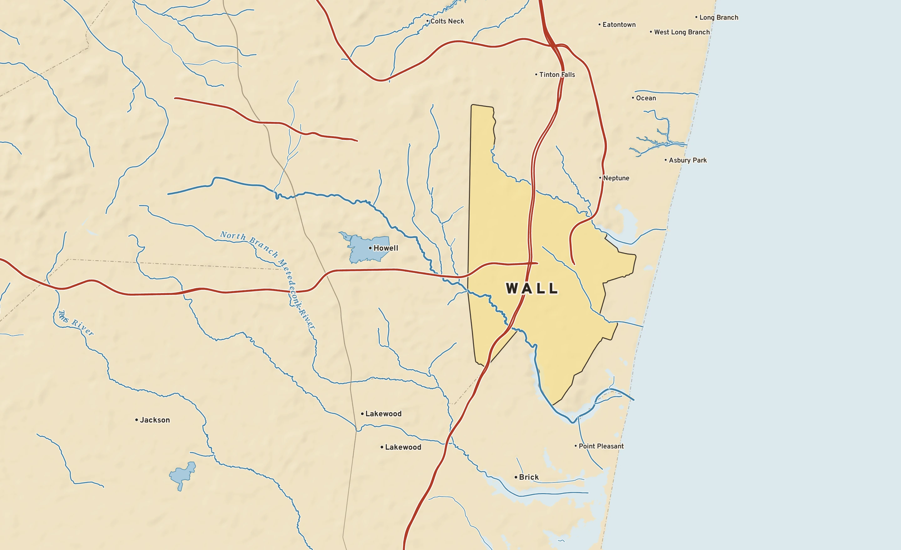 Shaded-relief atlas plate of Wall, New Jersey: rivers, roads, the city limits and where the water drains.