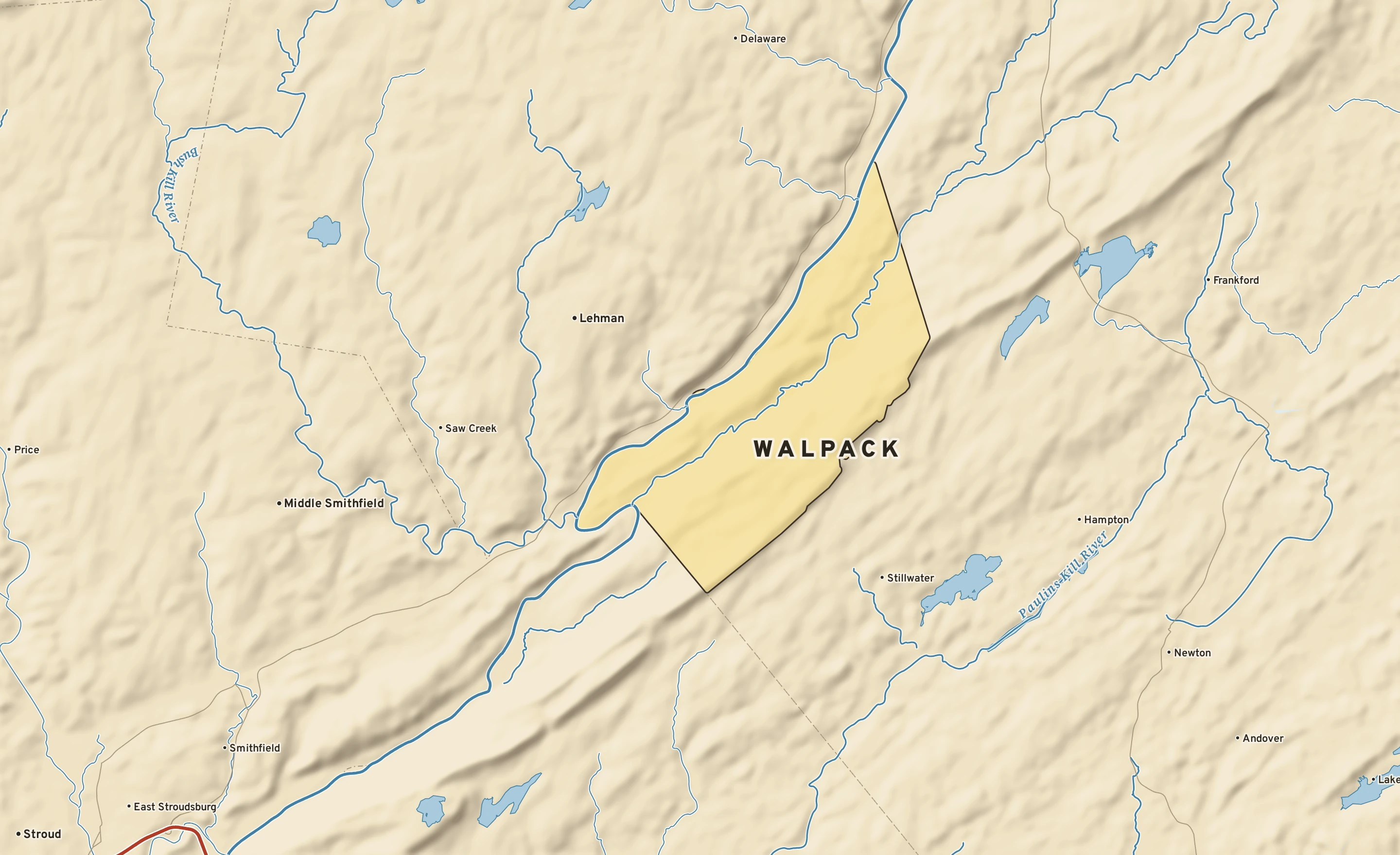 Shaded-relief atlas plate of Walpack, New Jersey: rivers, roads, the city limits and where the water drains.