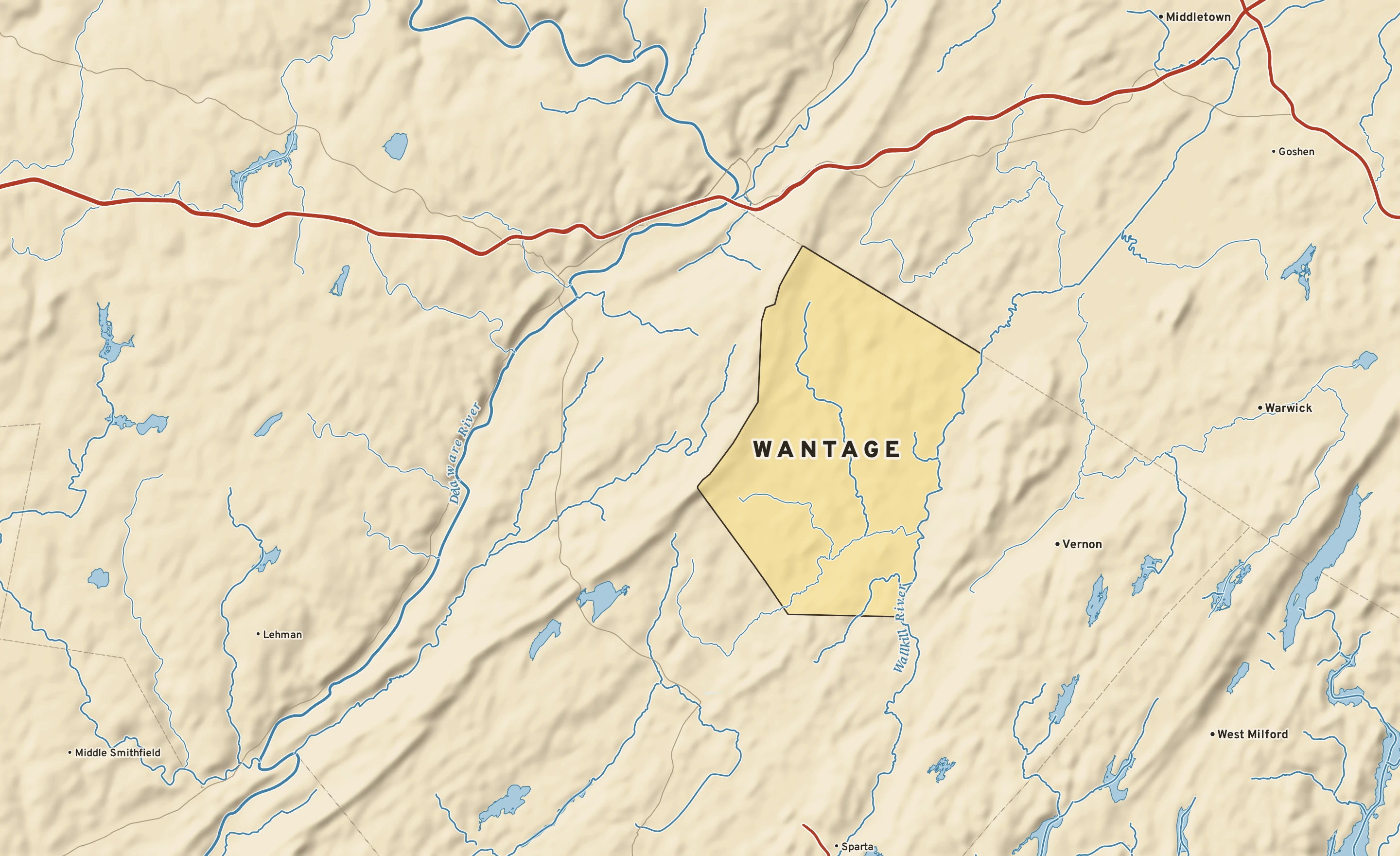 Shaded-relief atlas plate of Wantage, New Jersey: rivers, roads, the city limits and where the water drains.
