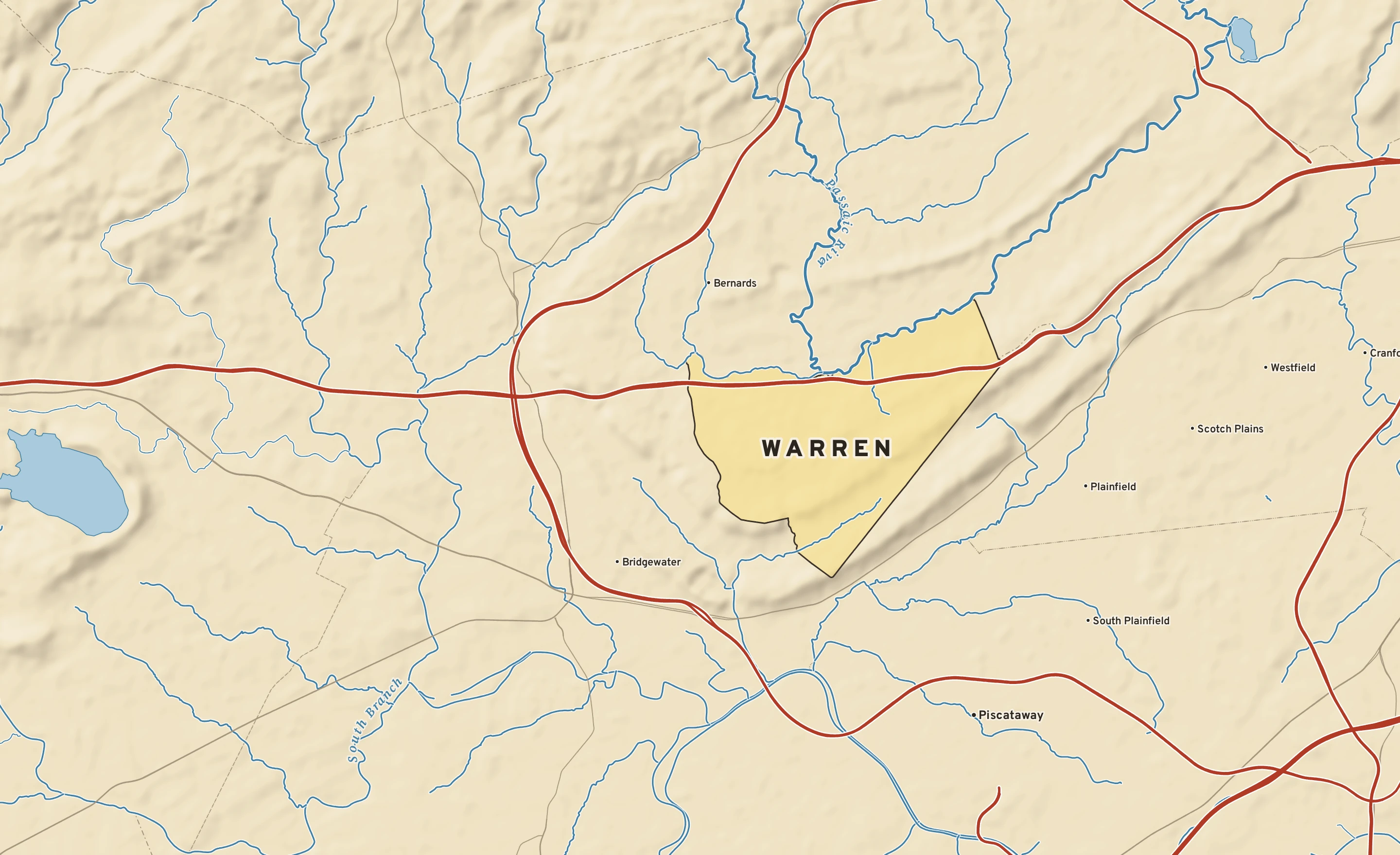 Shaded-relief atlas plate of Warren, New Jersey: rivers, roads, the city limits and where the water drains.