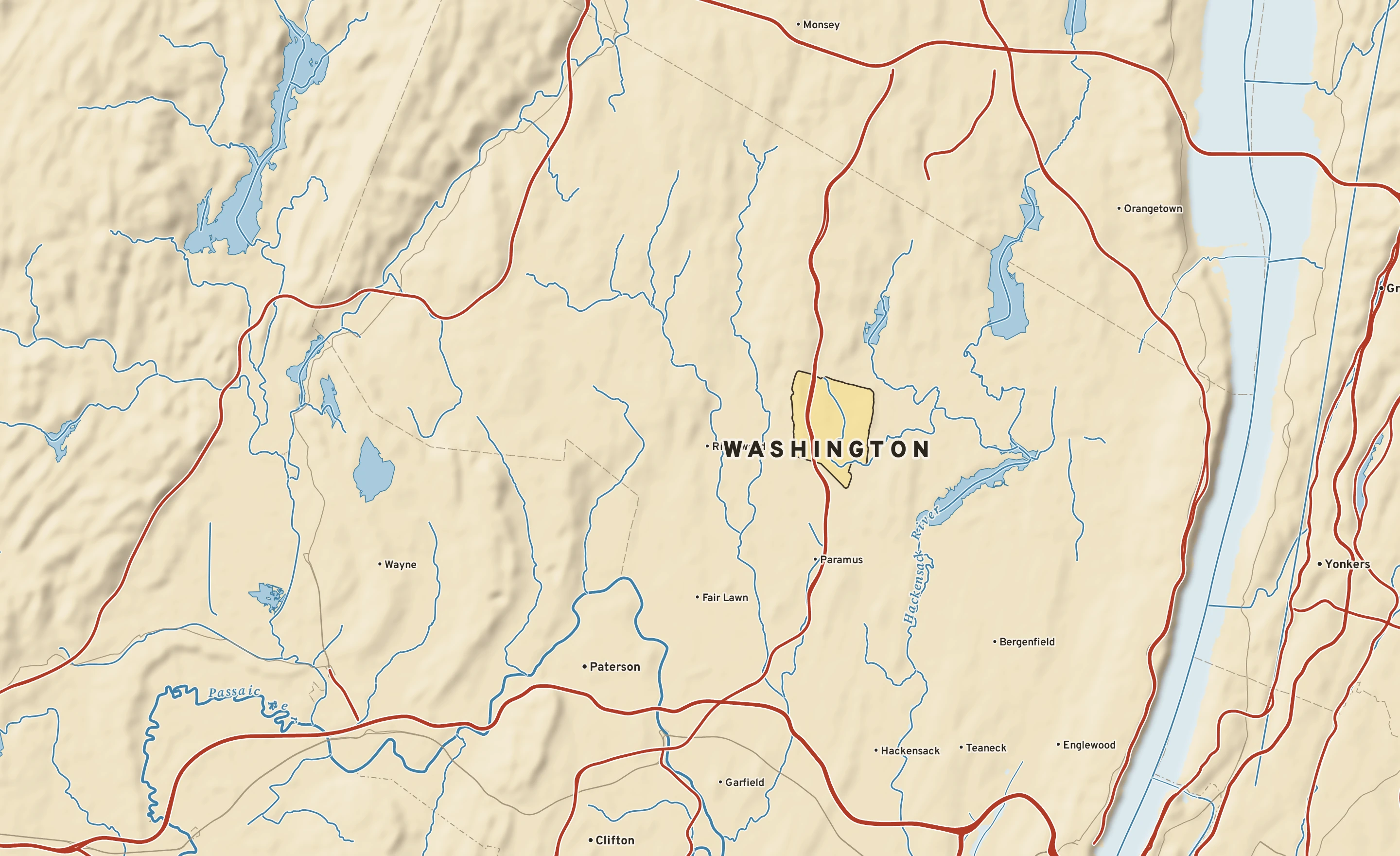 Shaded-relief atlas plate of Washington, New Jersey: rivers, roads, the city limits and where the water drains.