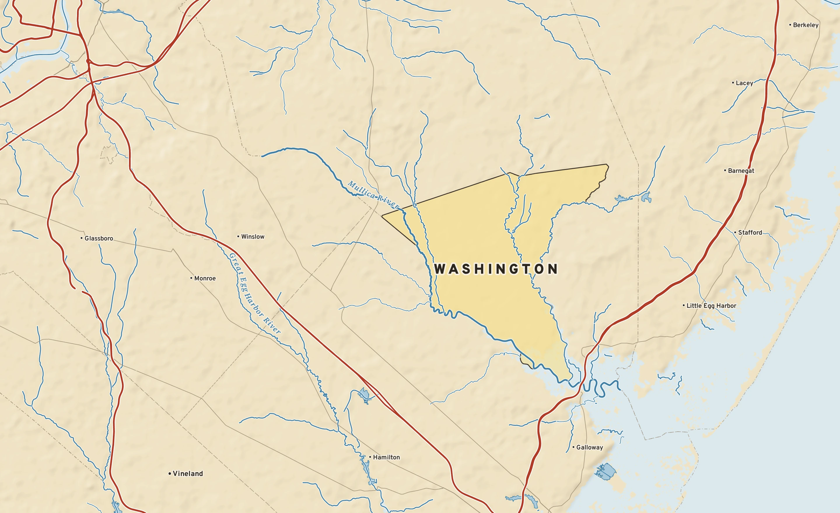 Shaded-relief atlas plate of Washington, New Jersey: rivers, roads, the city limits and where the water drains.