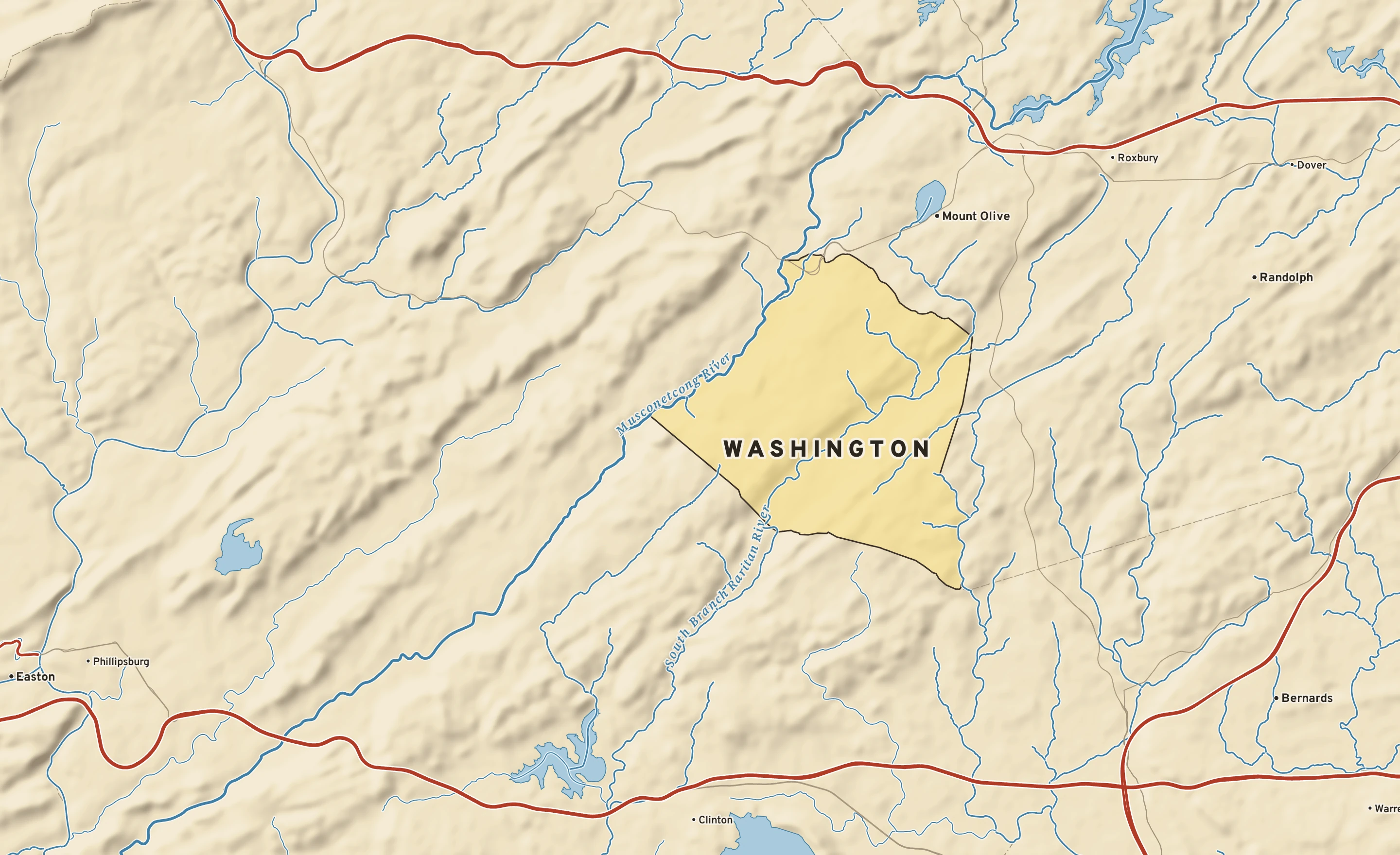 Shaded-relief atlas plate of Washington, New Jersey: rivers, roads, the city limits and where the water drains.
