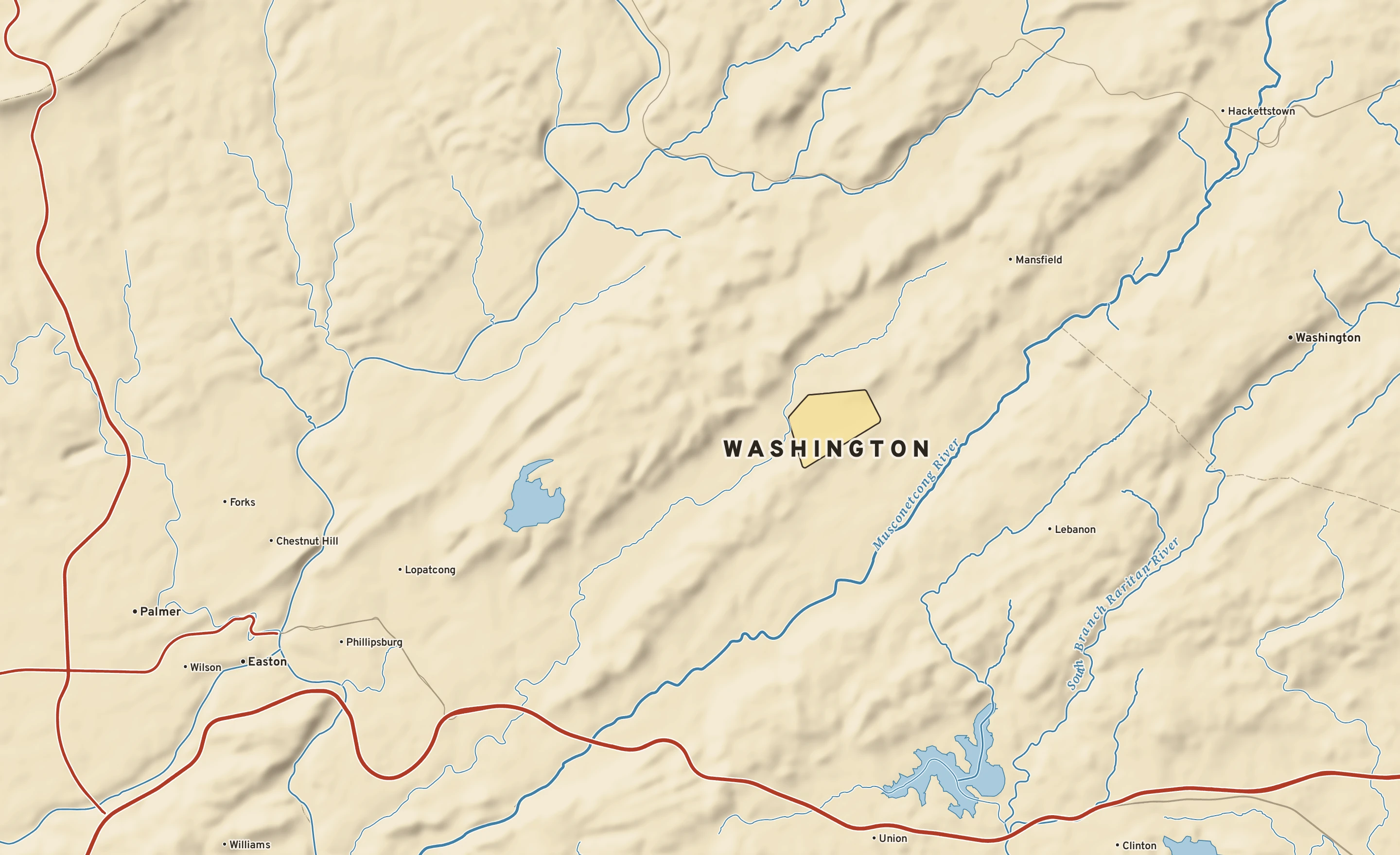 Shaded-relief atlas plate of Washington, New Jersey: rivers, roads, the city limits and where the water drains.