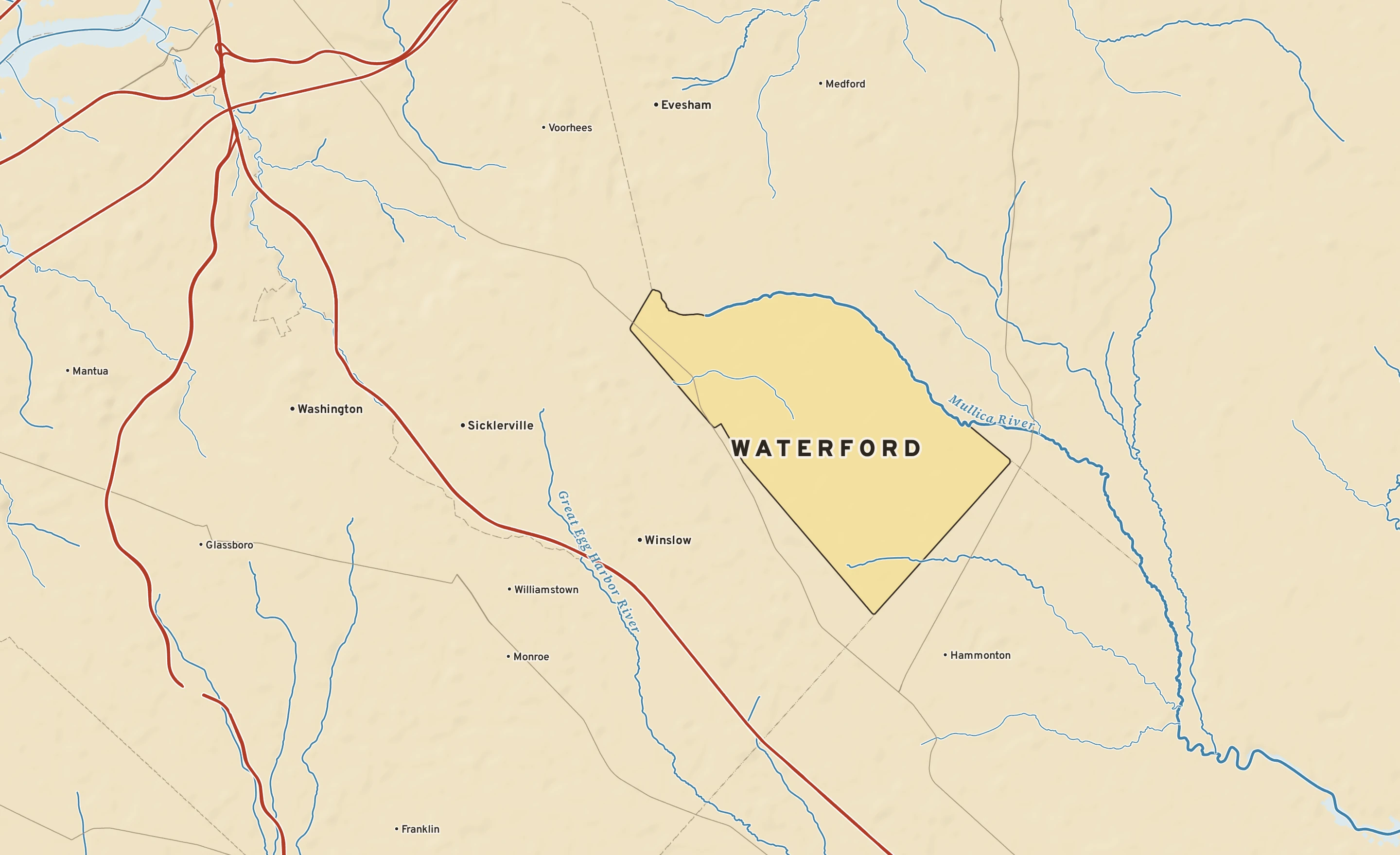Shaded-relief atlas plate of Waterford, New Jersey: rivers, roads, the city limits and where the water drains.