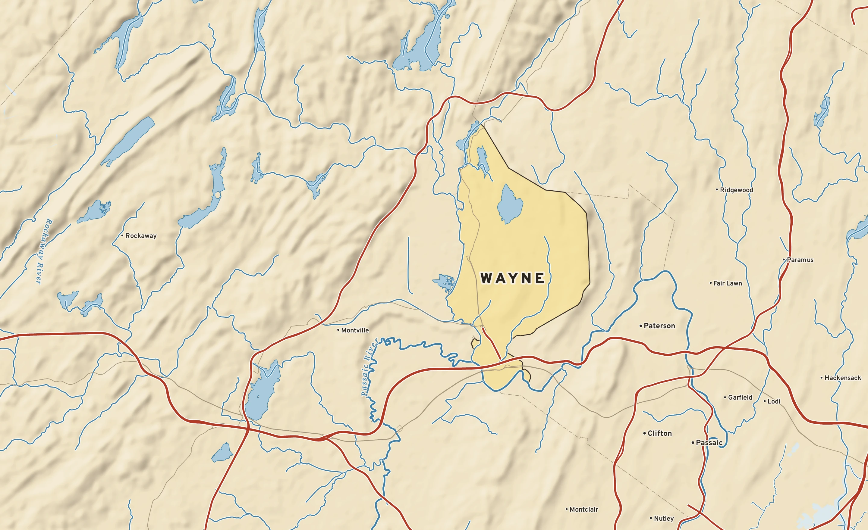Shaded-relief atlas plate of Wayne, New Jersey: rivers, roads, the city limits and where the water drains.