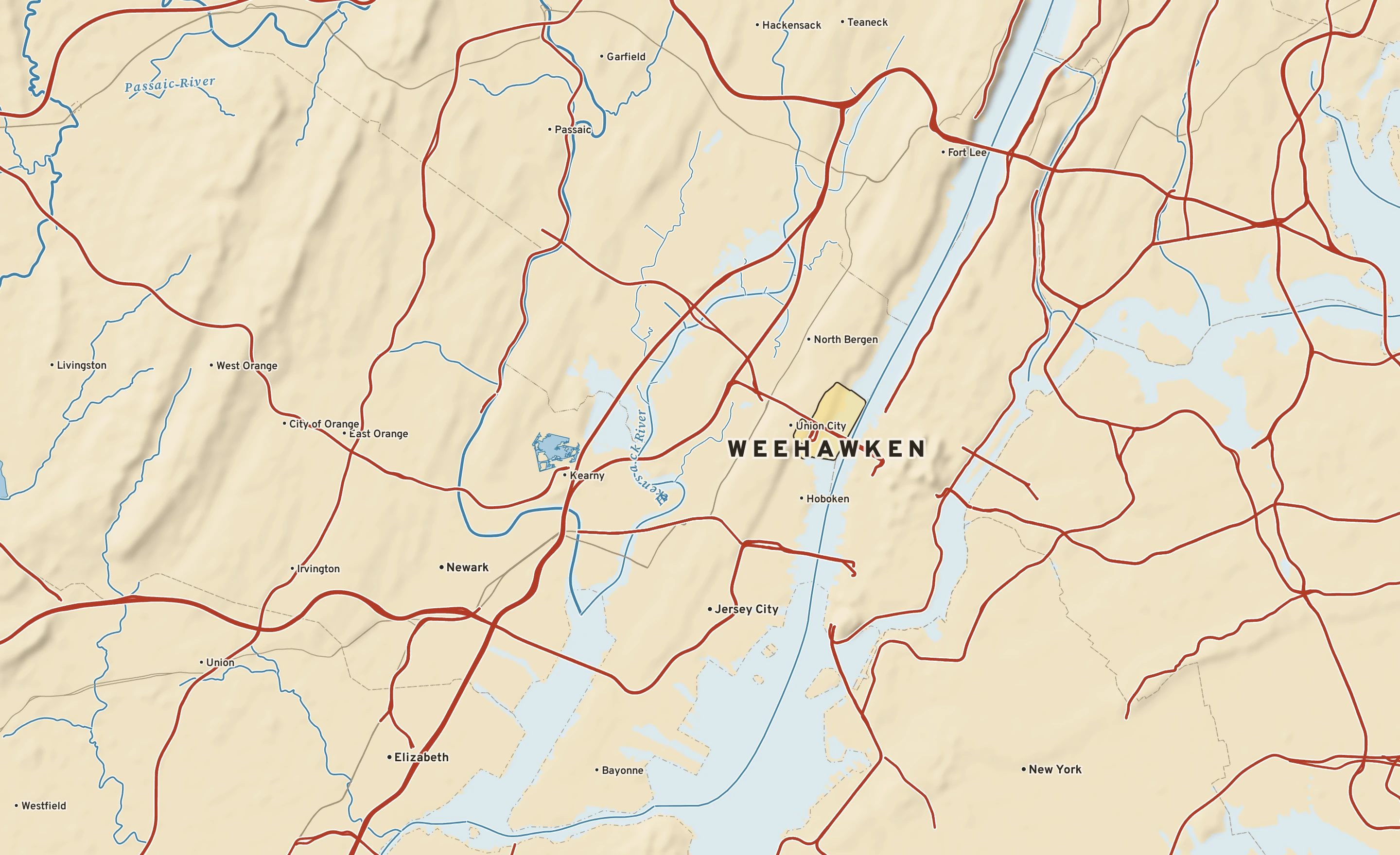 Shaded-relief atlas plate of Weehawken, New Jersey: rivers, roads, the city limits and where the water drains.