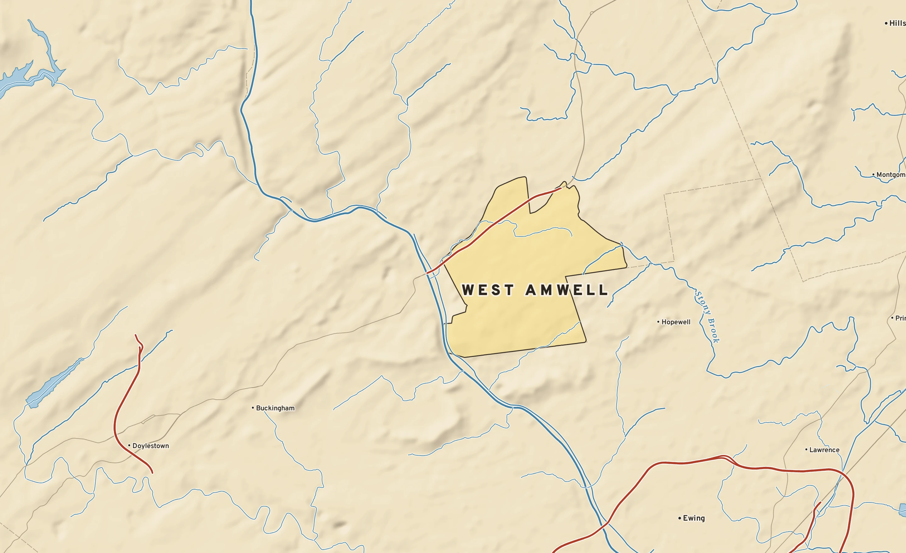 Shaded-relief atlas plate of West Amwell, New Jersey: rivers, roads, the city limits and where the water drains.
