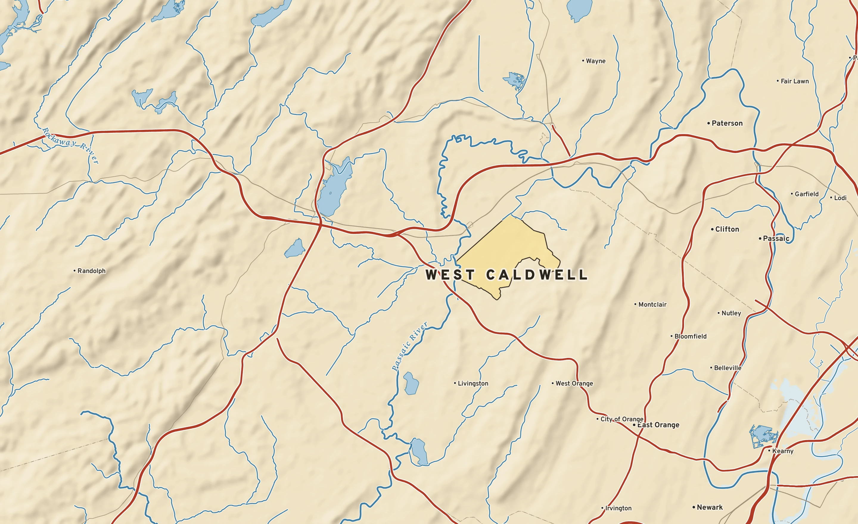 Shaded-relief atlas plate of West Caldwell, New Jersey: rivers, roads, the city limits and where the water drains.
