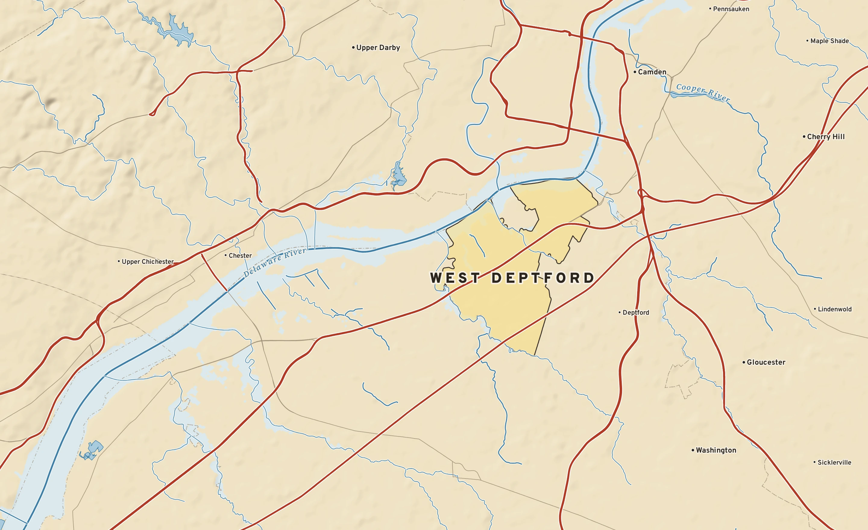 Shaded-relief atlas plate of West Deptford, New Jersey: rivers, roads, the city limits and where the water drains.